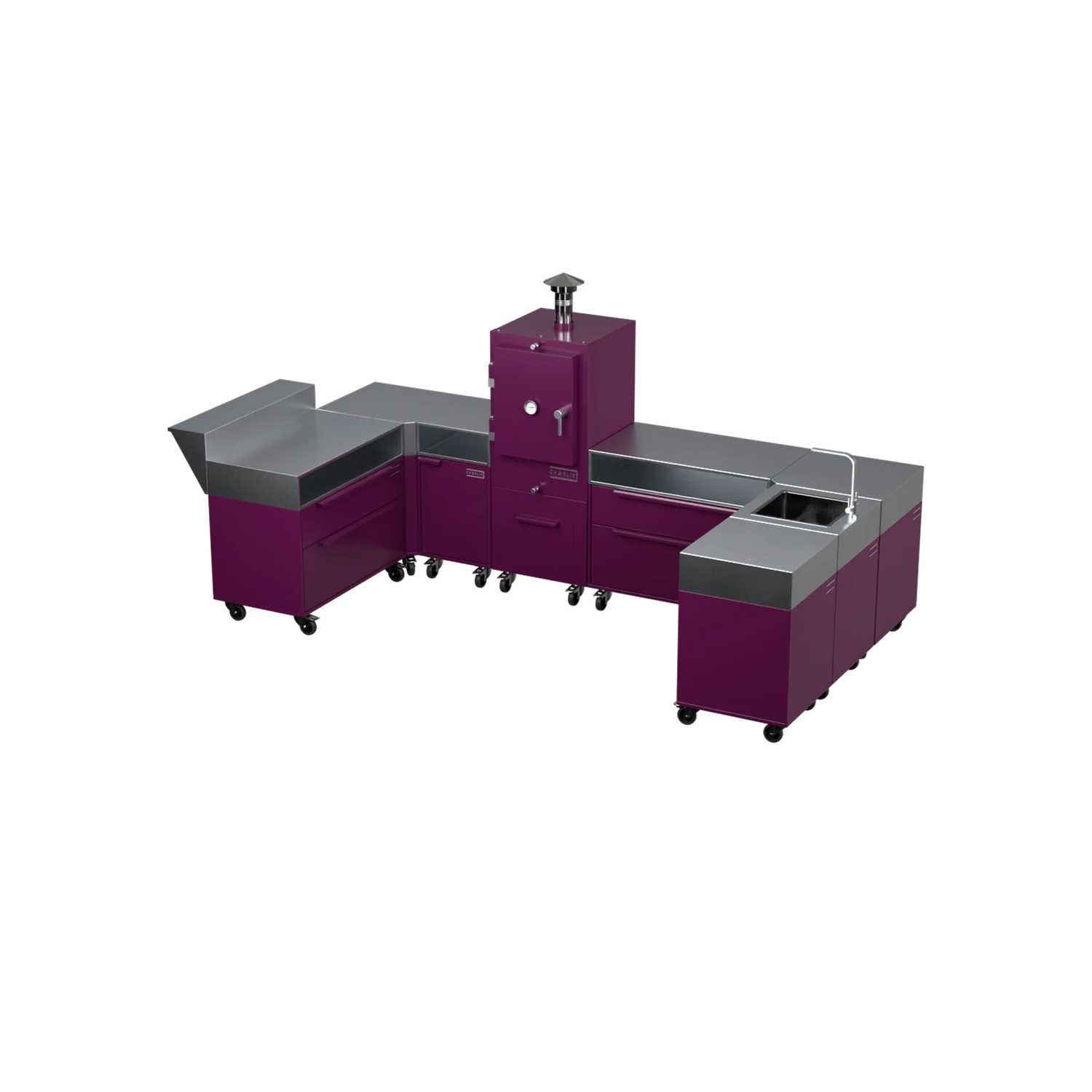 U-Shape Kitchen U2 in Beetroot purple-red, angled corner layout view