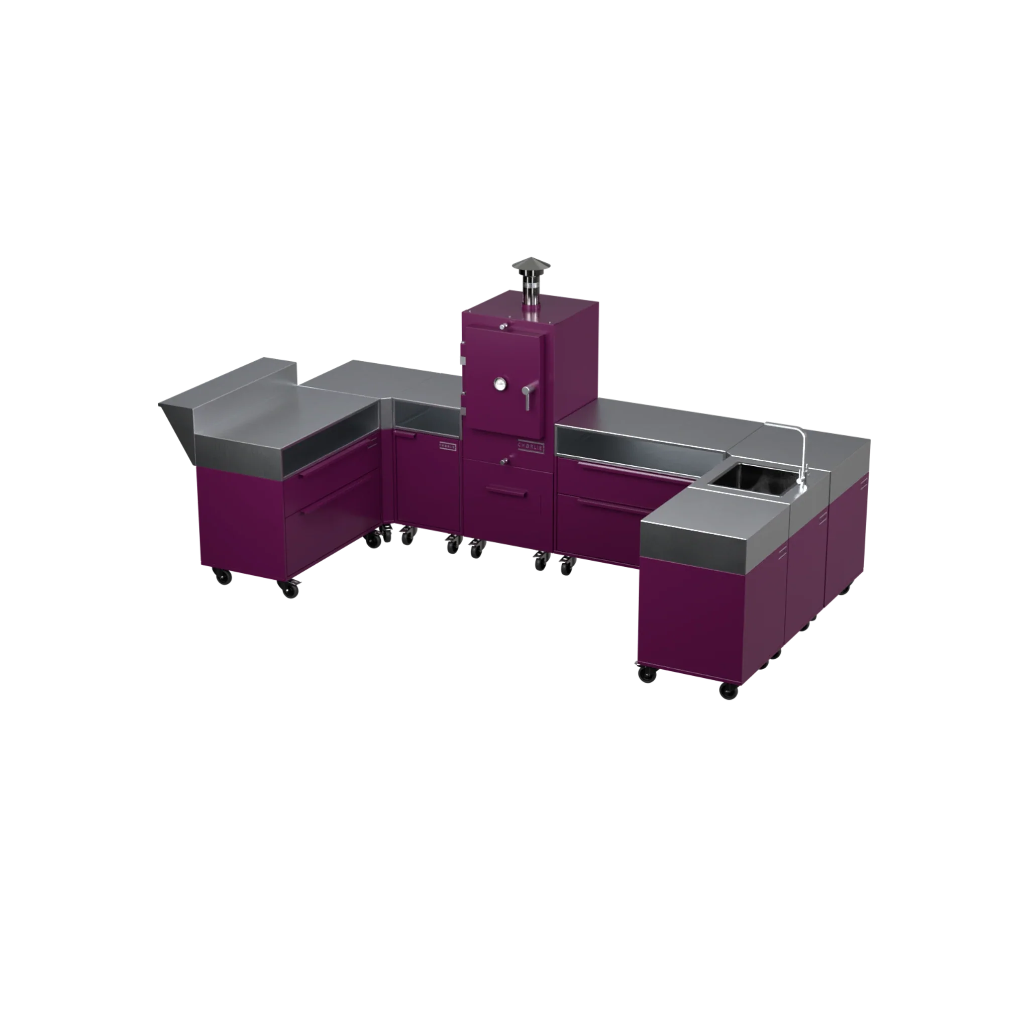 U-Shape Kitchen U2 in Beetroot purple-red, angled corner layout view