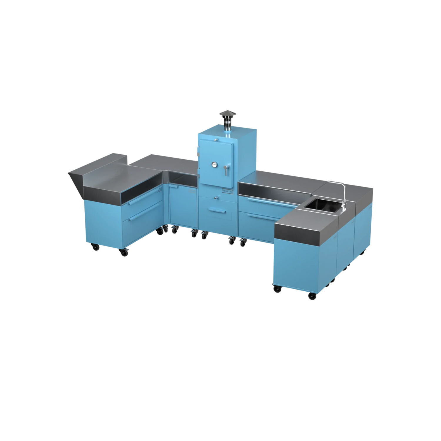 U-Shape Kitchen U2 in Blue Marlin blue, angled three-quarter view