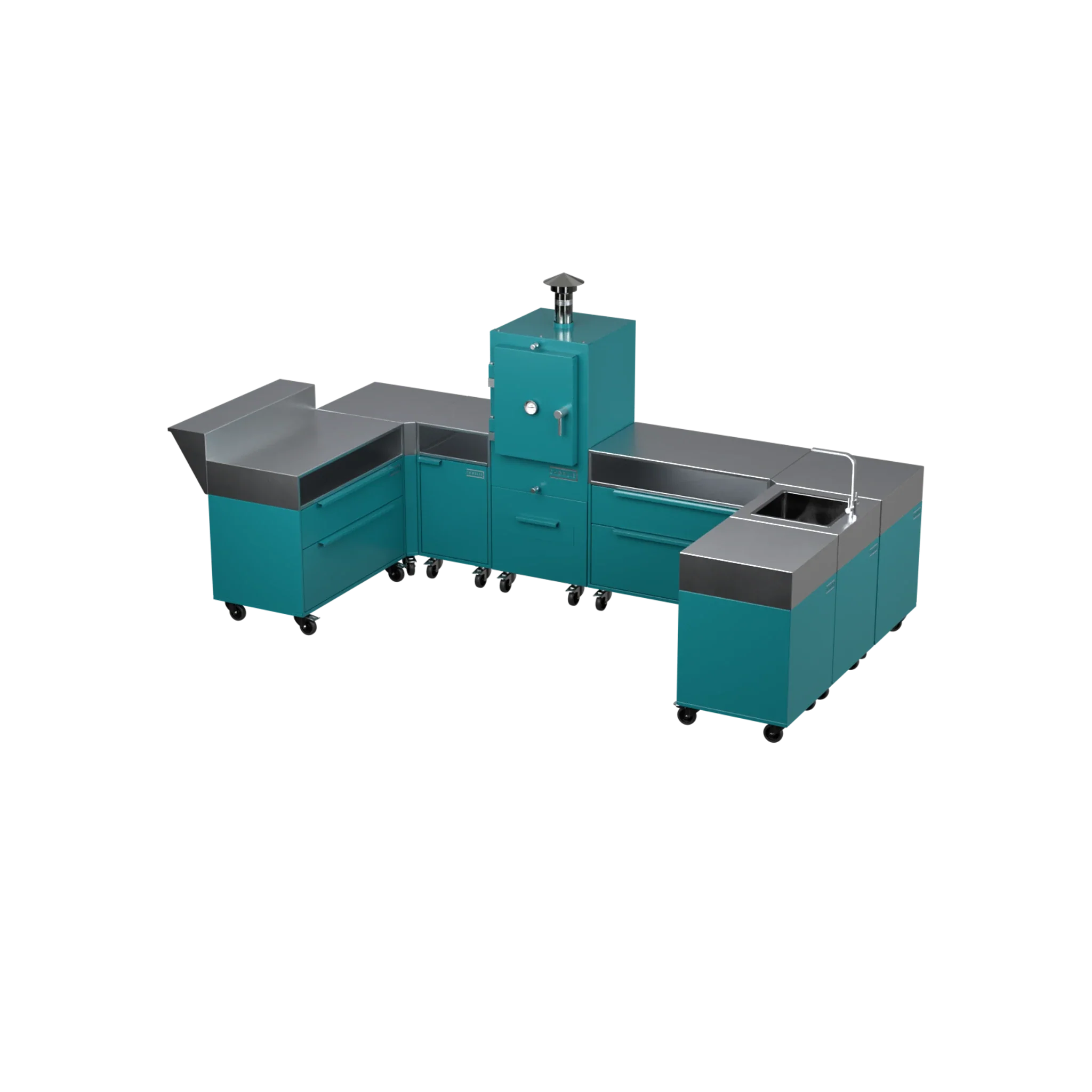 U-Shape Kitchen U2 in Teal Duck blue-green, angled three-quarter view