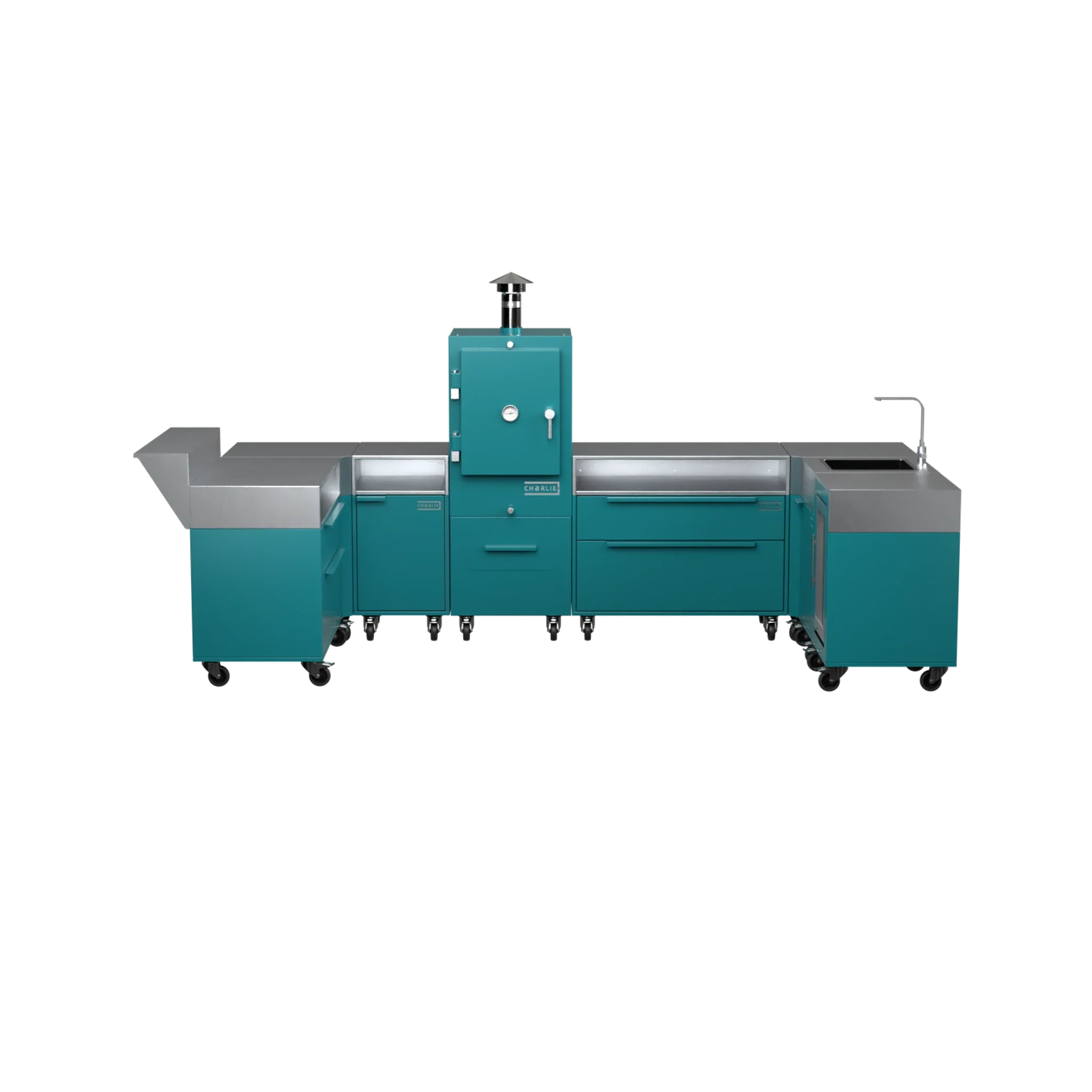 U-Shape Kitchen U2 in Teal Duck blue-green, straight-on front view