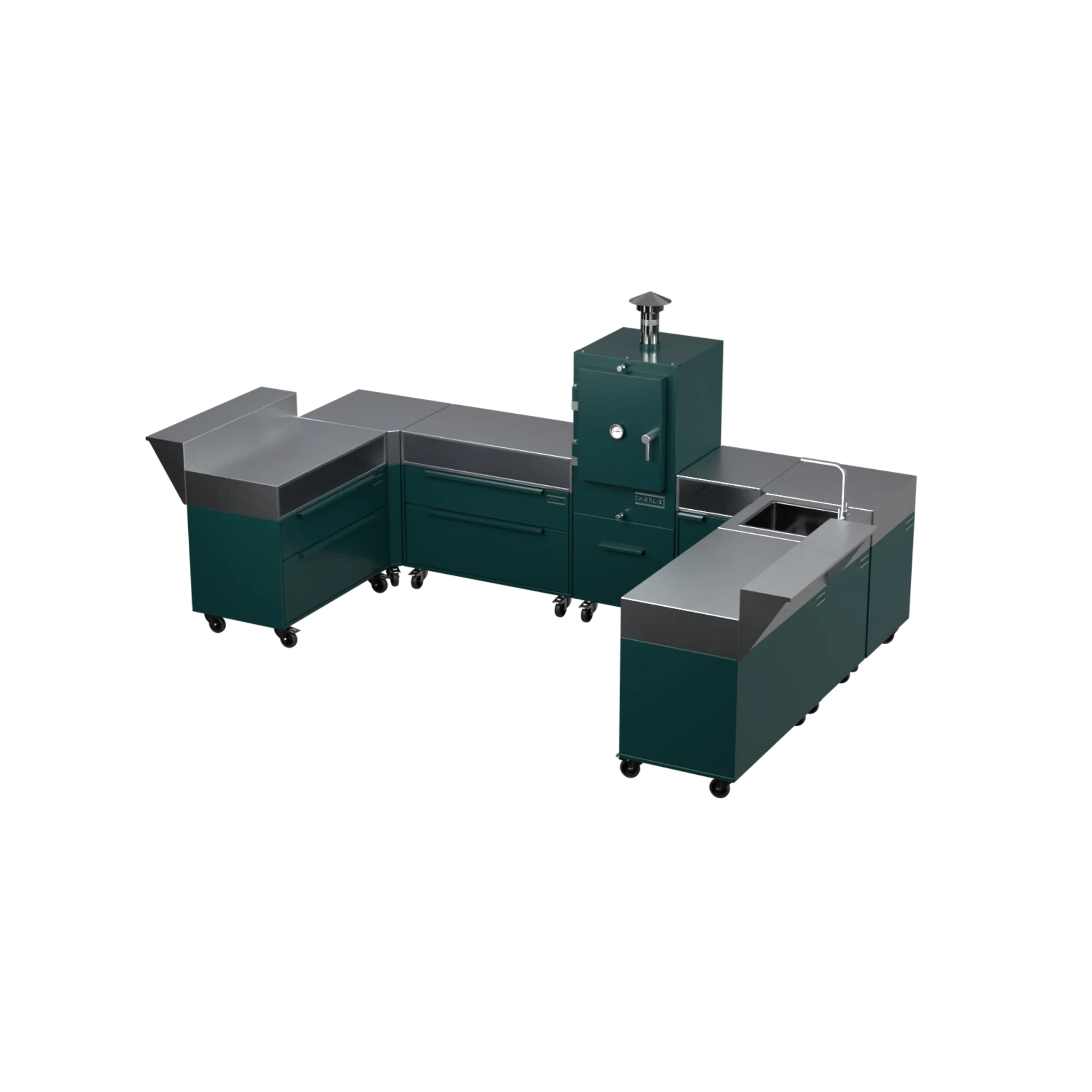 U3 U-Shape modular kitchen in agave green, angled corner view