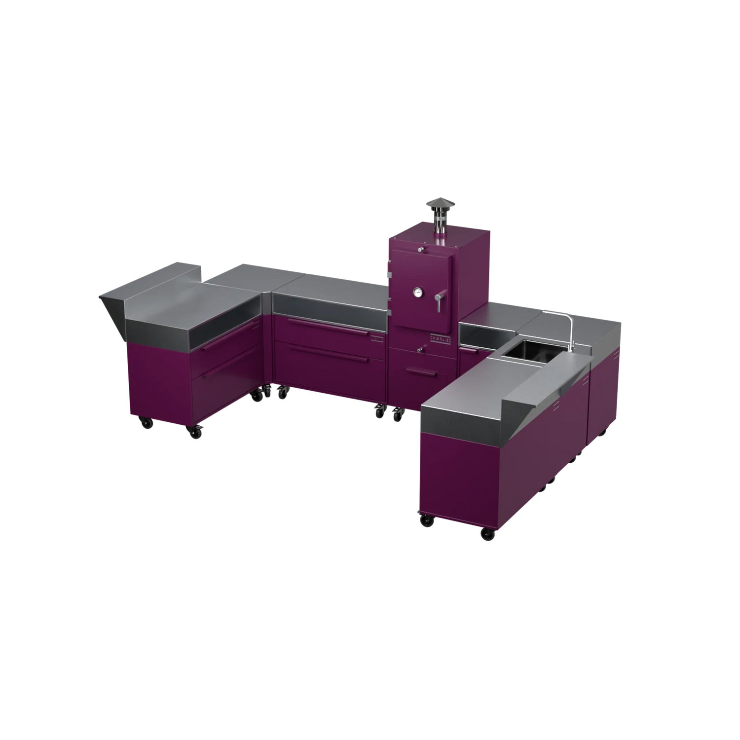 U3 U-Shape modular kitchen in beetroot red, angled three-quarter view