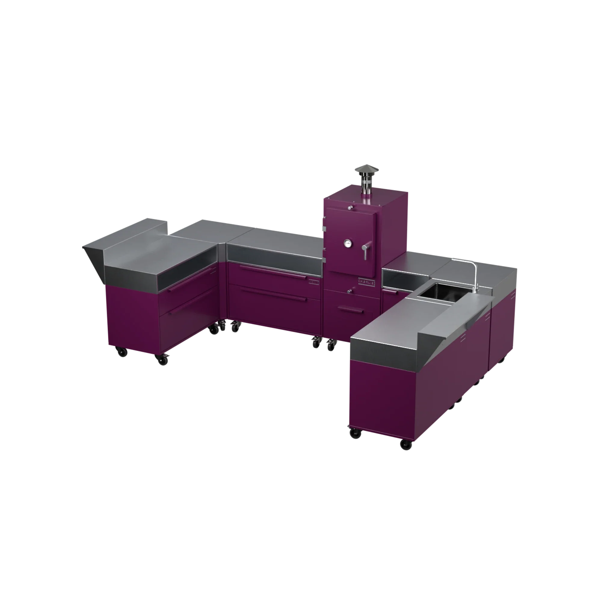 U3 U-Shape modular kitchen in beetroot red, angled three-quarter view