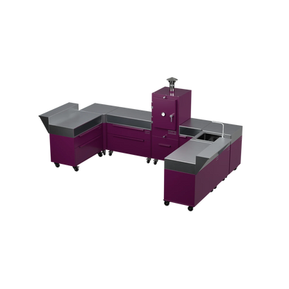 U3 U-Shape modular kitchen in beetroot red, angled three-quarter view