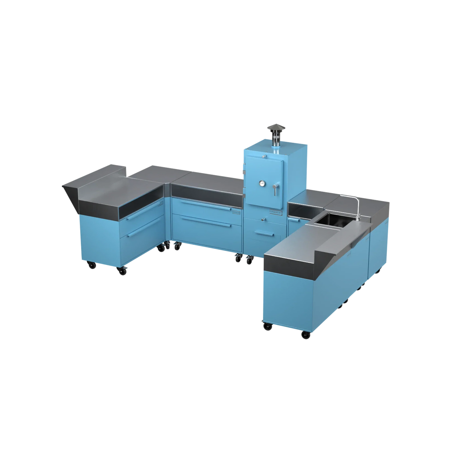U3 U-Shape modular kitchen in blue marlin blue, angled perspective view