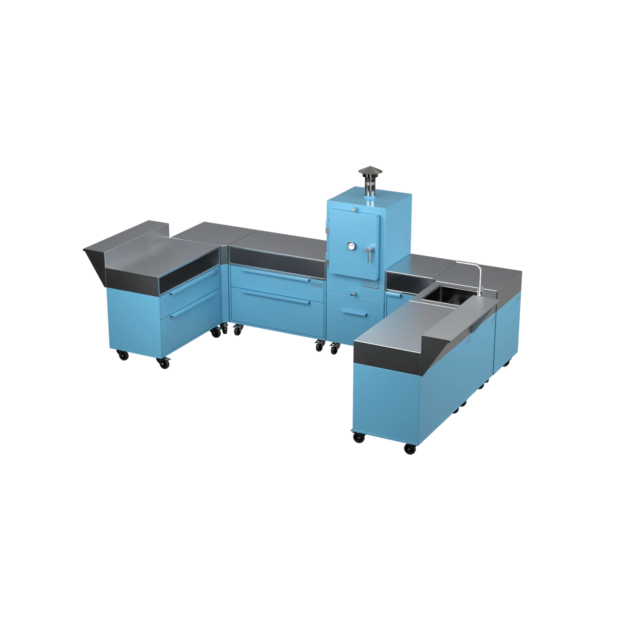 U3 U-Shape modular kitchen in blue marlin blue, angled perspective view