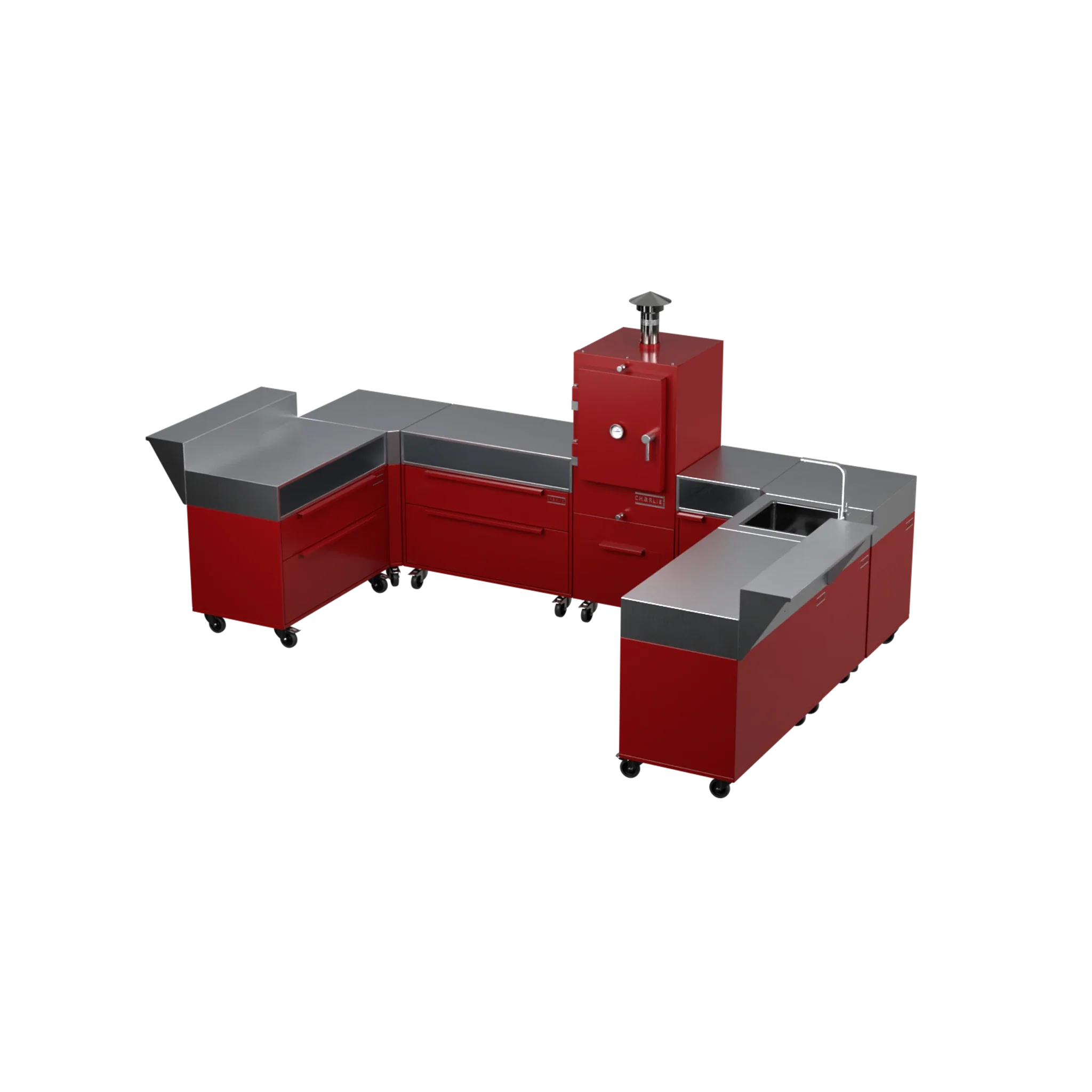 U3 U-Shape modular kitchen in dark cherry red, angled corner view