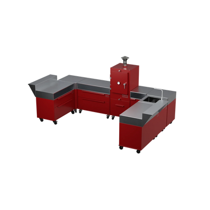 U3 U-Shape modular kitchen in dark cherry red, angled corner view