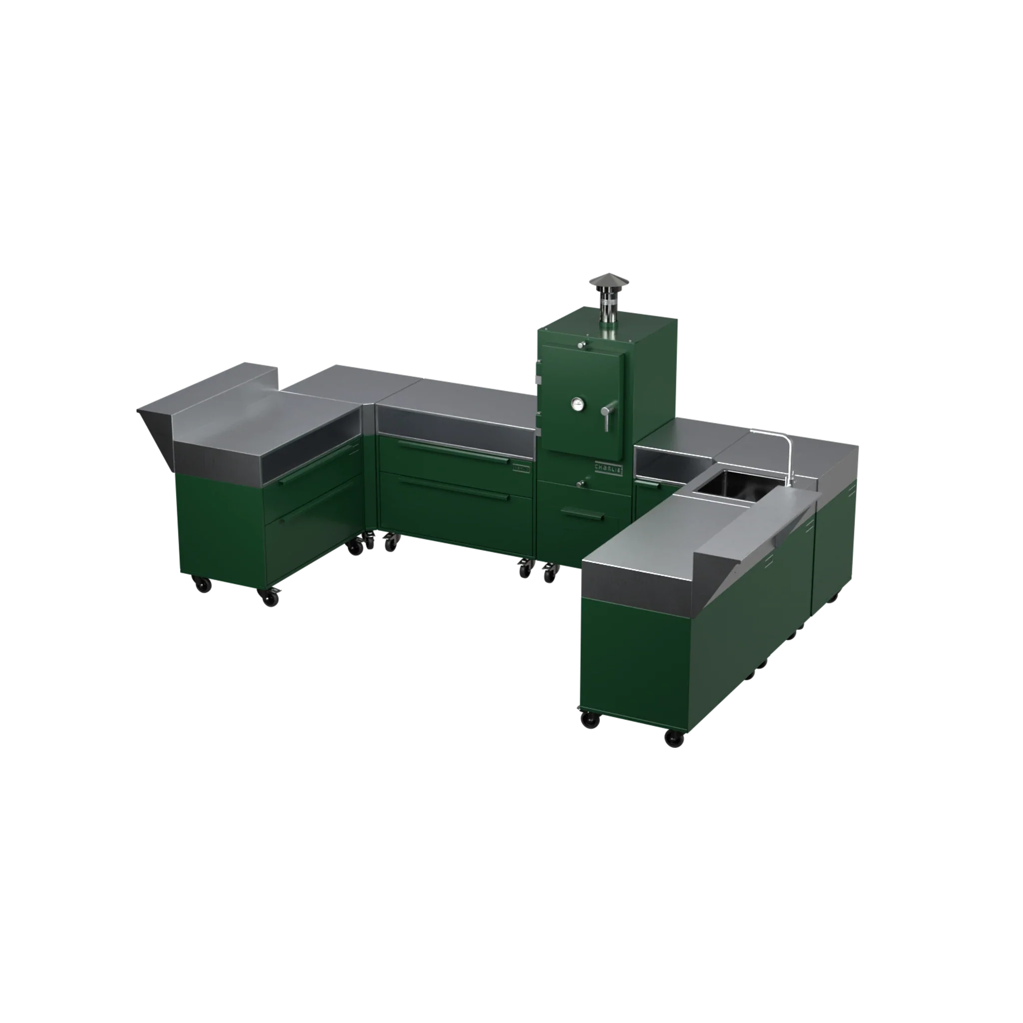 U3 U-Shape modular kitchen in green chilli, three-quarter angle view