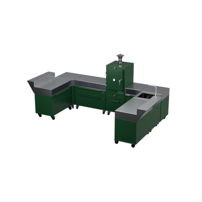 U3 U-Shape modular kitchen in green chilli, three-quarter angle view