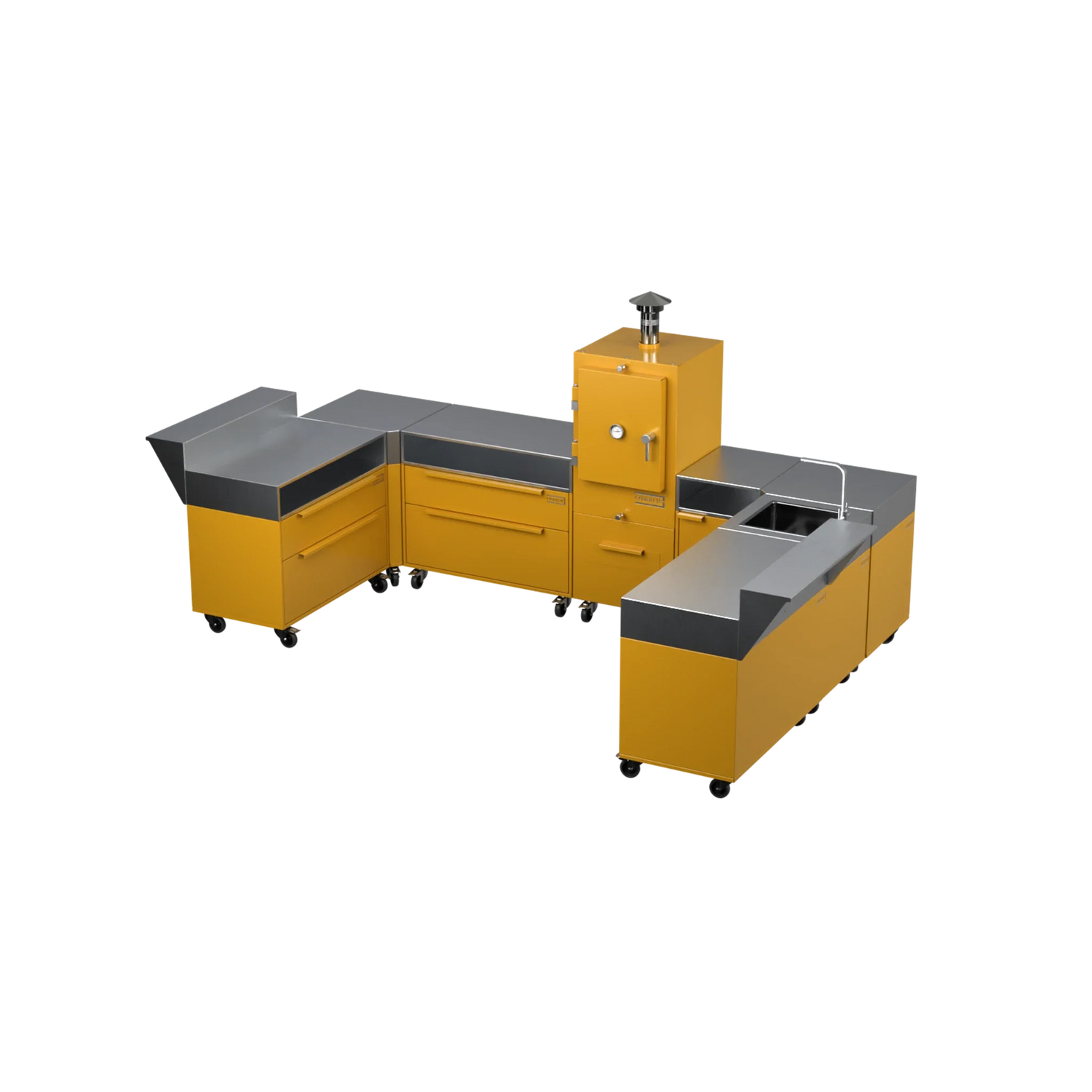 U3 U-Shape modular kitchen in honeycomb amber, angled three-quarter view