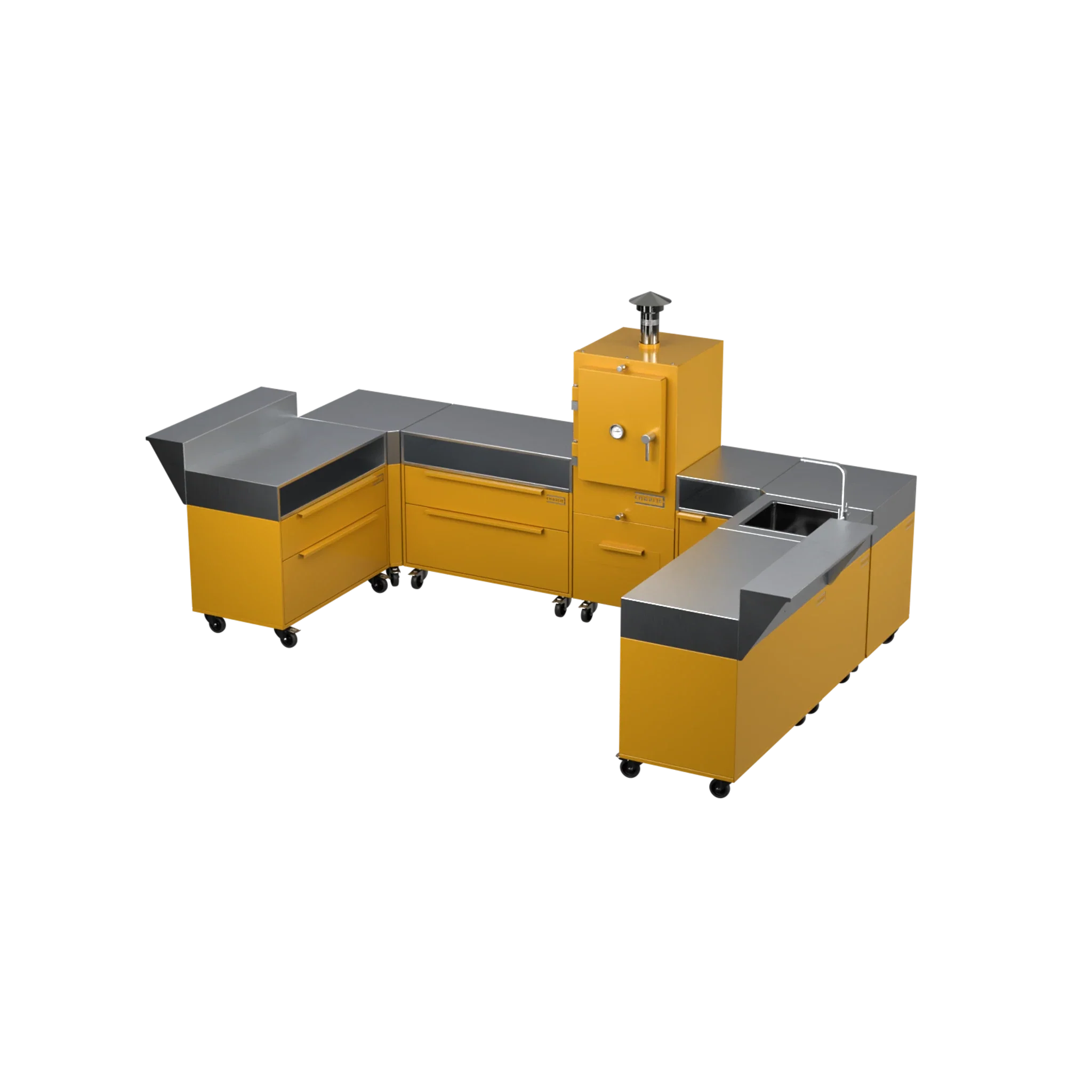 U3 U-Shape modular kitchen in honeycomb amber, angled three-quarter view