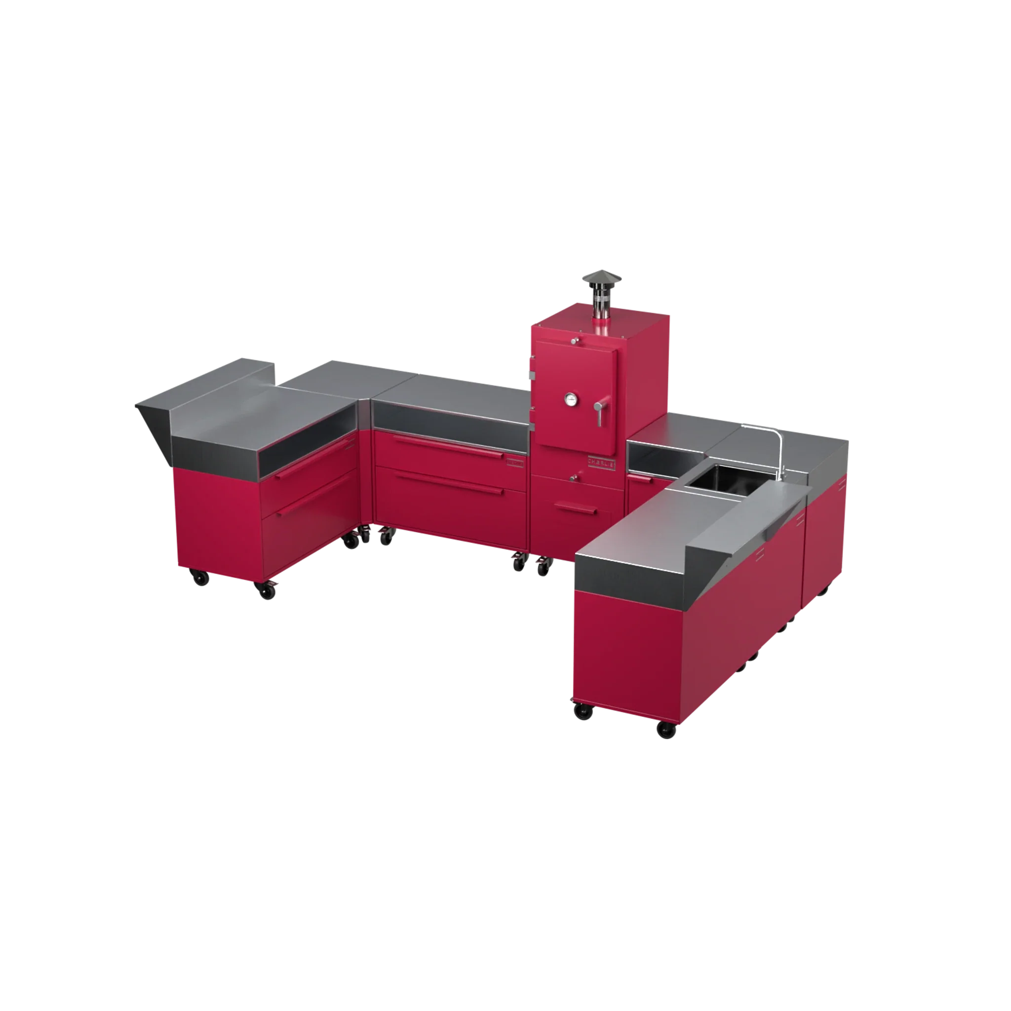 U3 U-Shape modular kitchen in rhubarb pink, three-quarter angle view