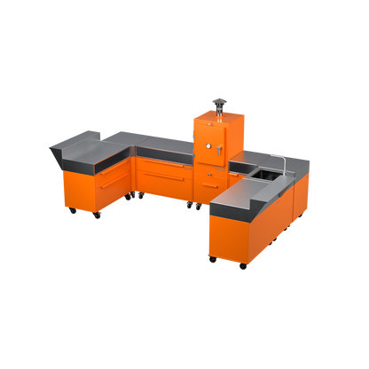 U3 U-Shape modular kitchen in saffron yellow, angled hero view