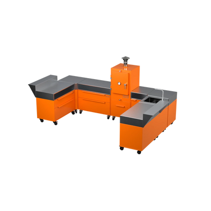 U3 U-Shape modular kitchen in saffron yellow, angled three-quarter view