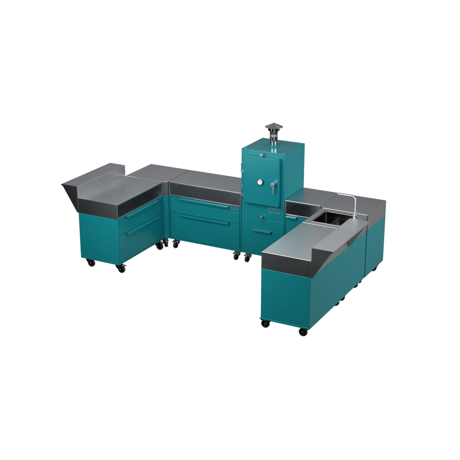 U3 U-Shape modular kitchen in teal duck blue-green, angled corner view