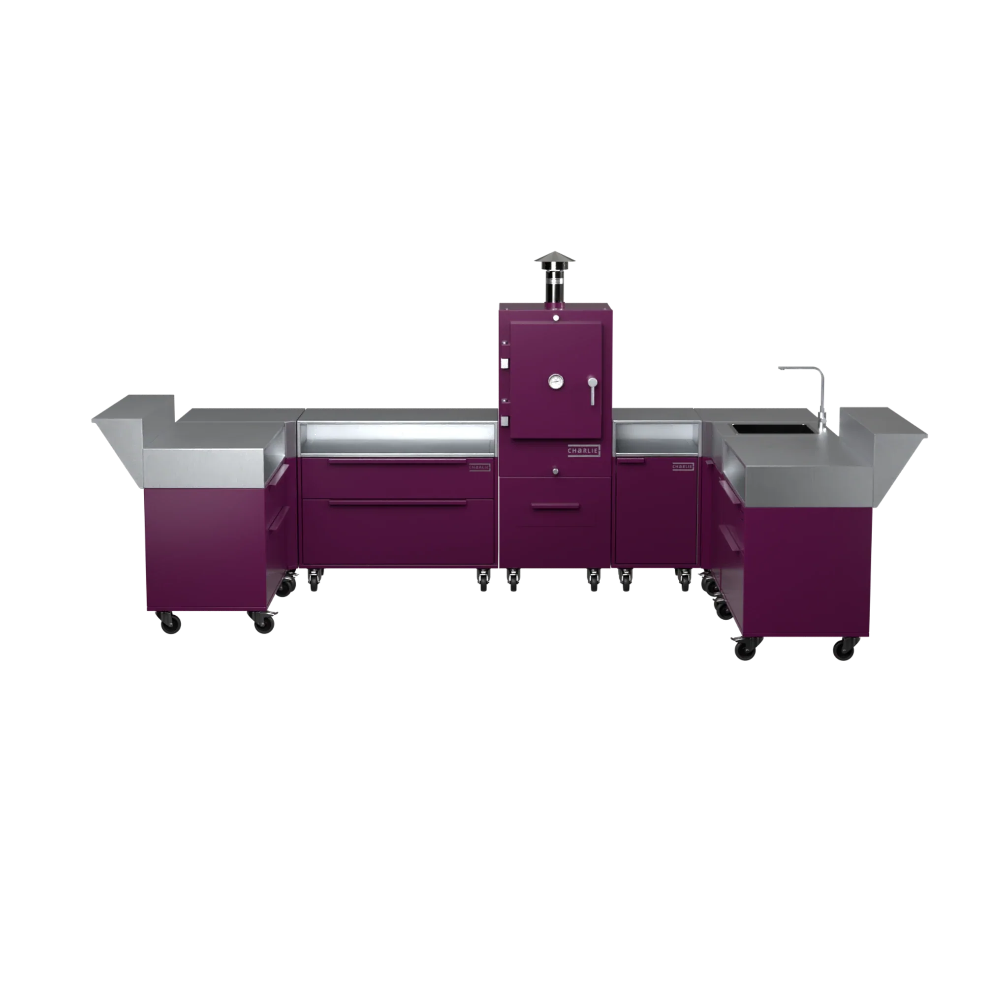 U3 U-Shape kitchen in beetroot red, straight-on front elevation