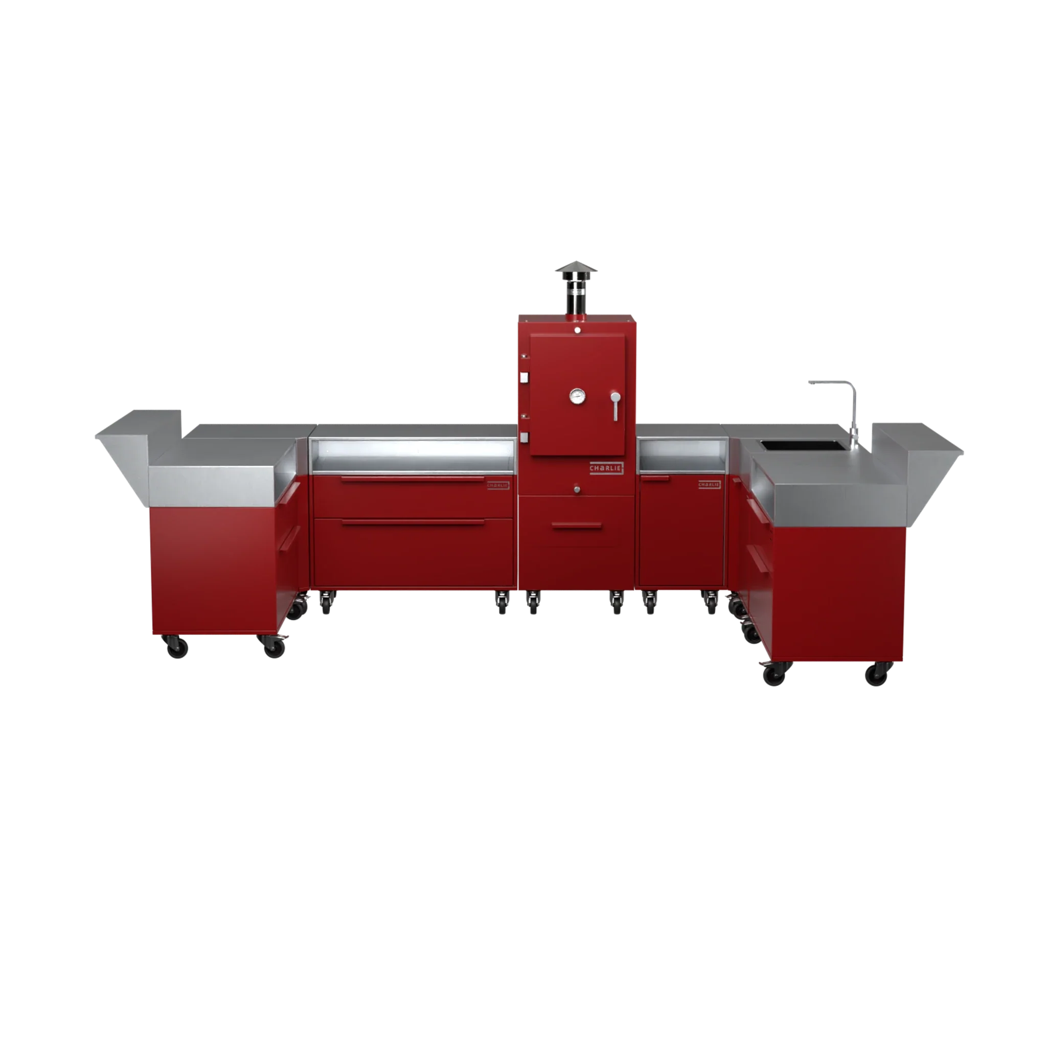 U3 U-Shape kitchen in dark cherry red, straight front view of the run