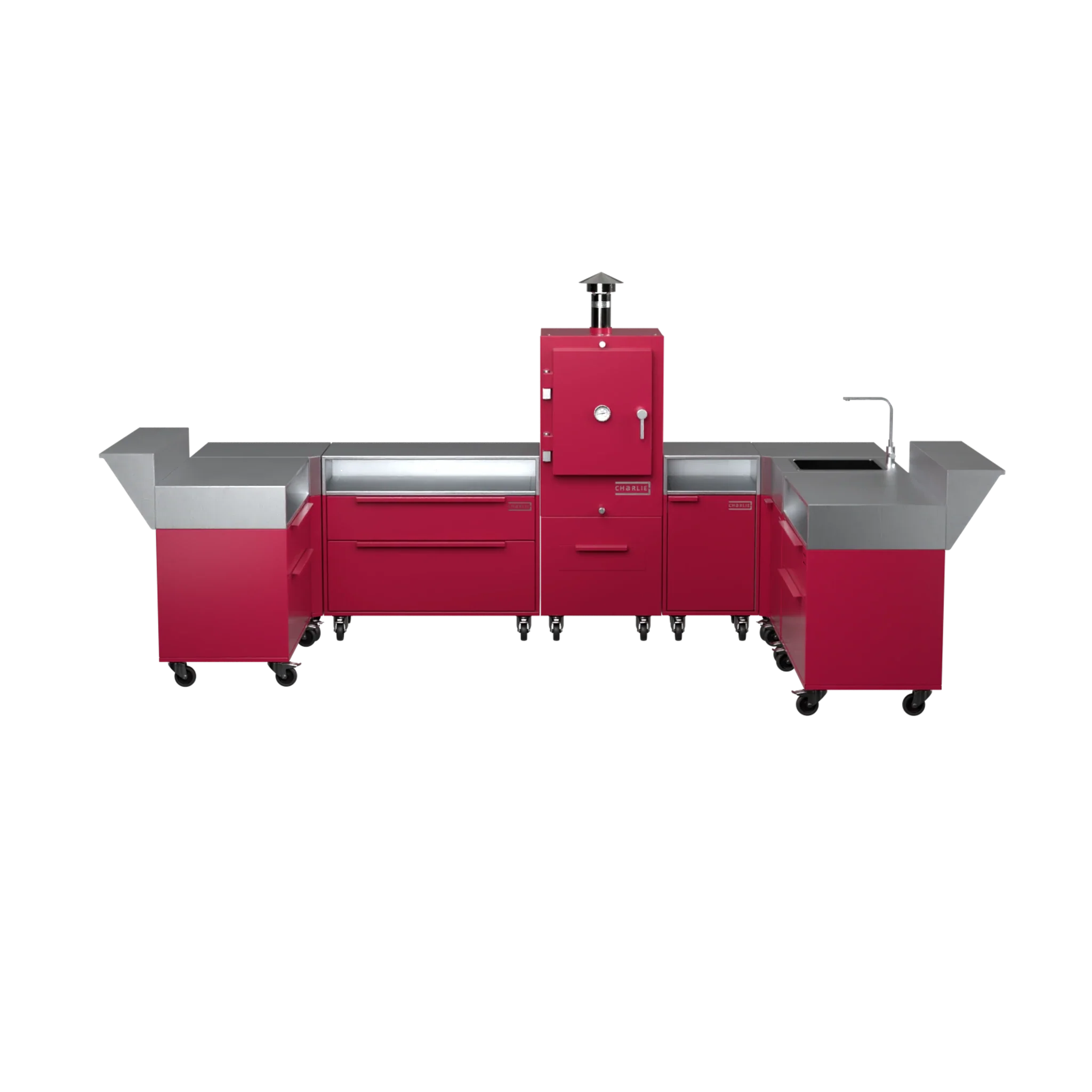 U3 U-Shape kitchen in rhubarb pink, straight-on front elevation