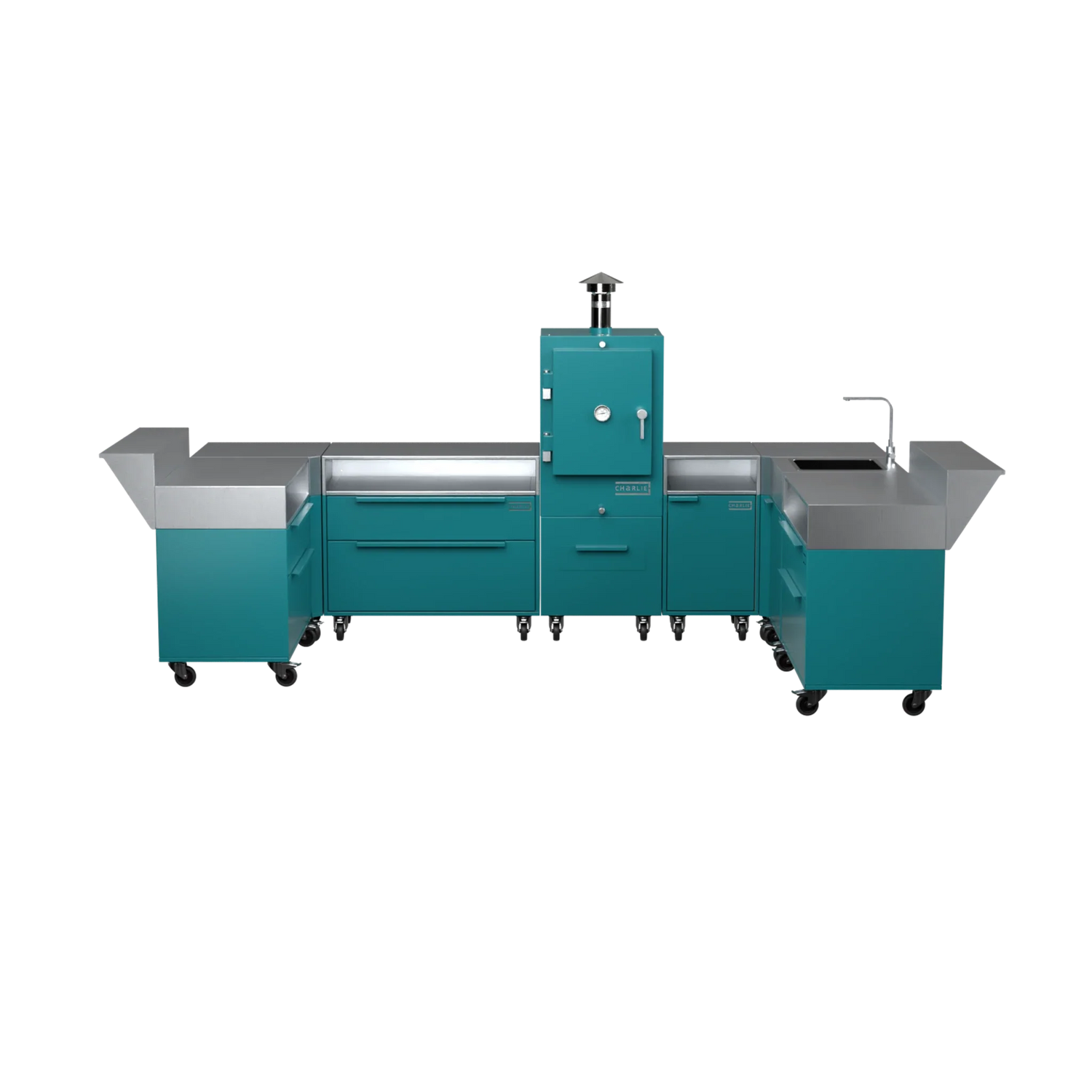 U3 U-Shape kitchen in teal duck blue-green, straight front view