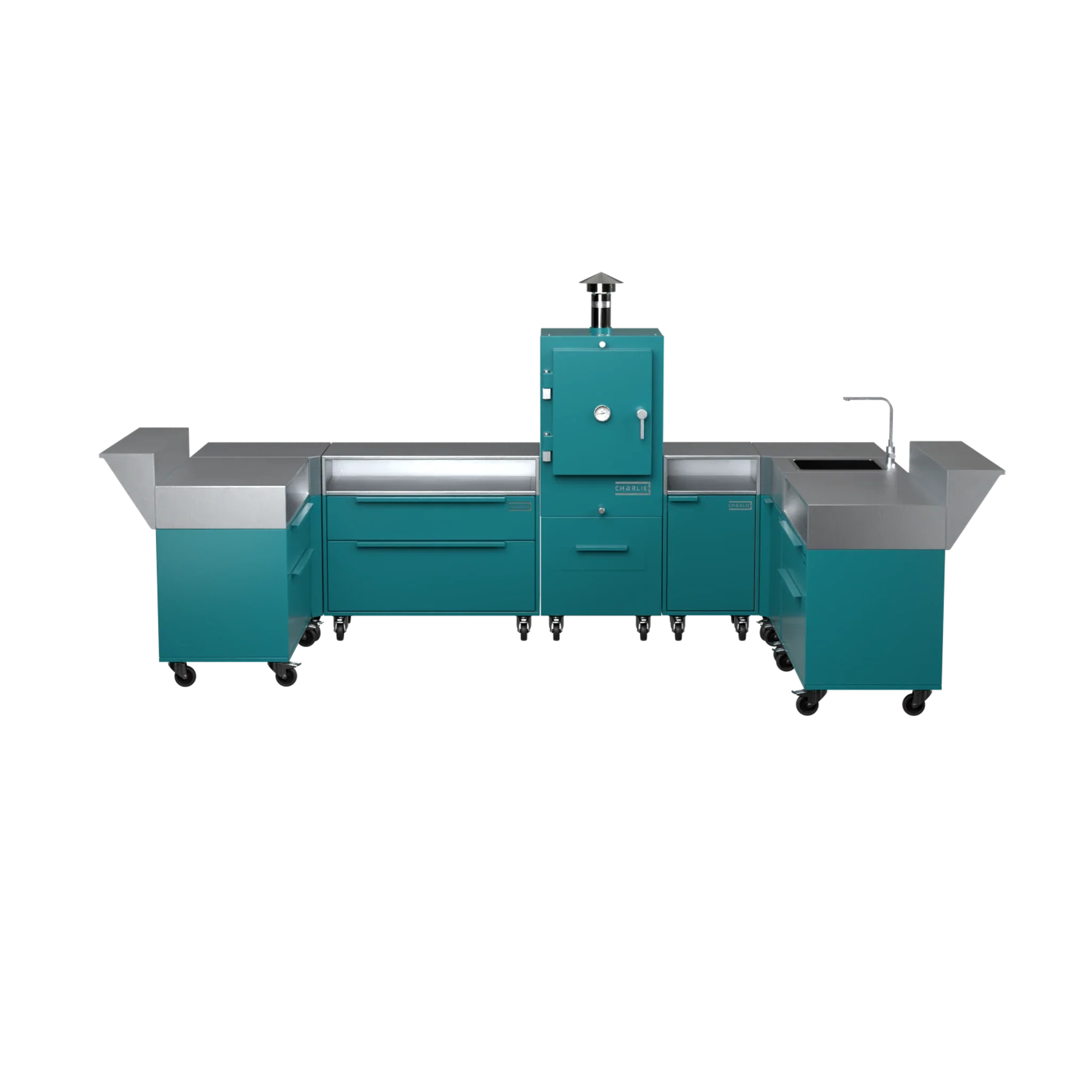 U3 U-Shape kitchen in teal duck blue-green, straight front view
