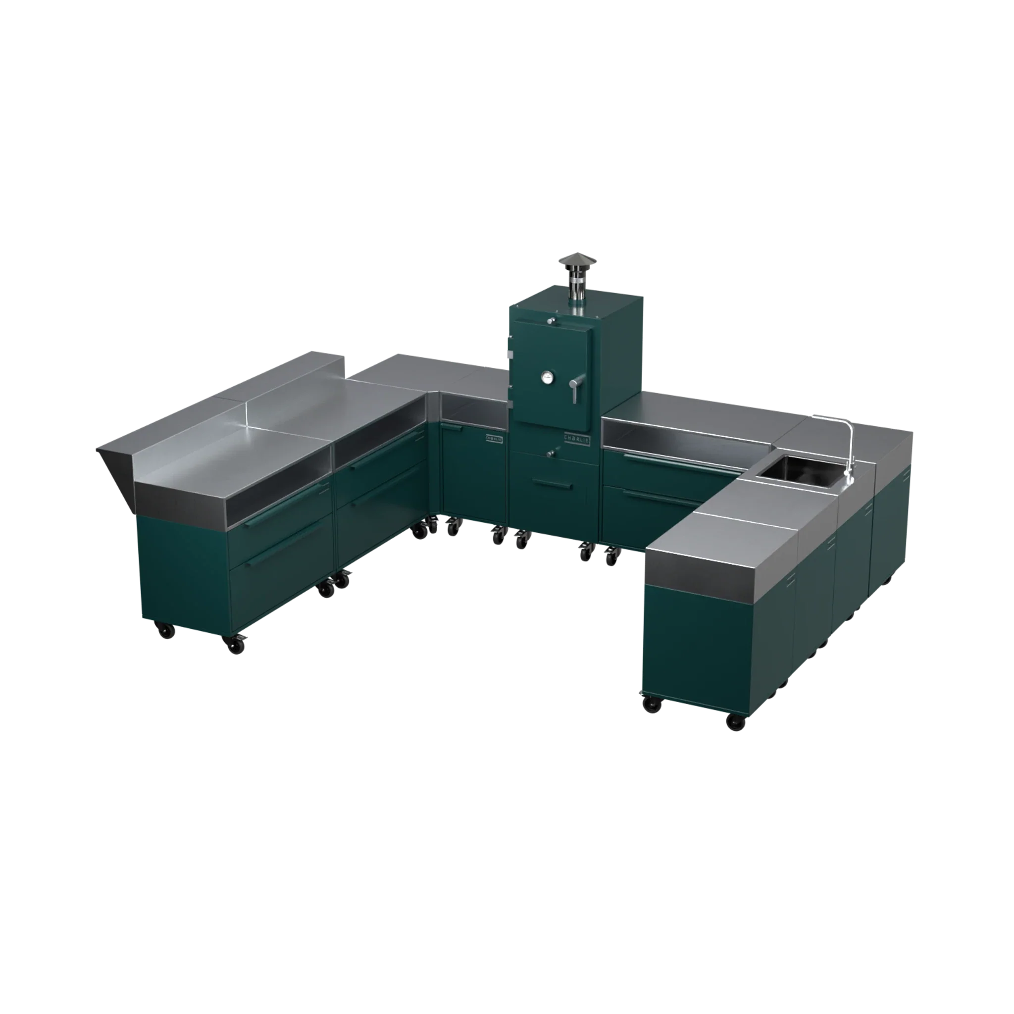 U-Shape Kitchen U4 in Agave green, three-quarter angle view of the kitchen layout