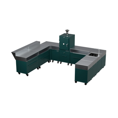 U-Shape Kitchen U4 in Agave green, three-quarter angle view of the kitchen layout