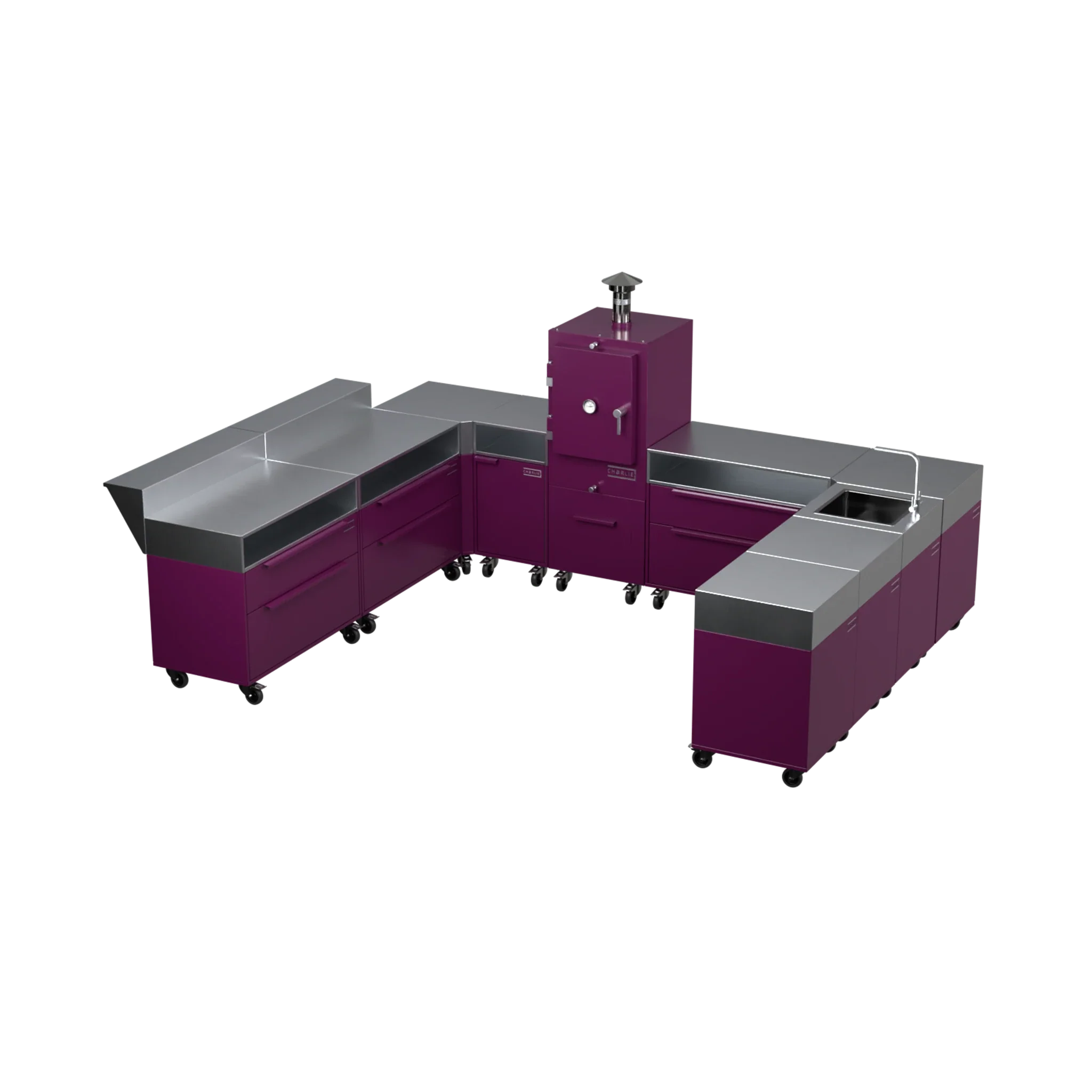 U-Shape Kitchen U4 in Beetroot purple-red, three-quarter angle view of the outdoor kitchen