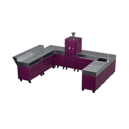 U-Shape Kitchen U4 in Beetroot purple-red, three-quarter angle view of the outdoor kitchen