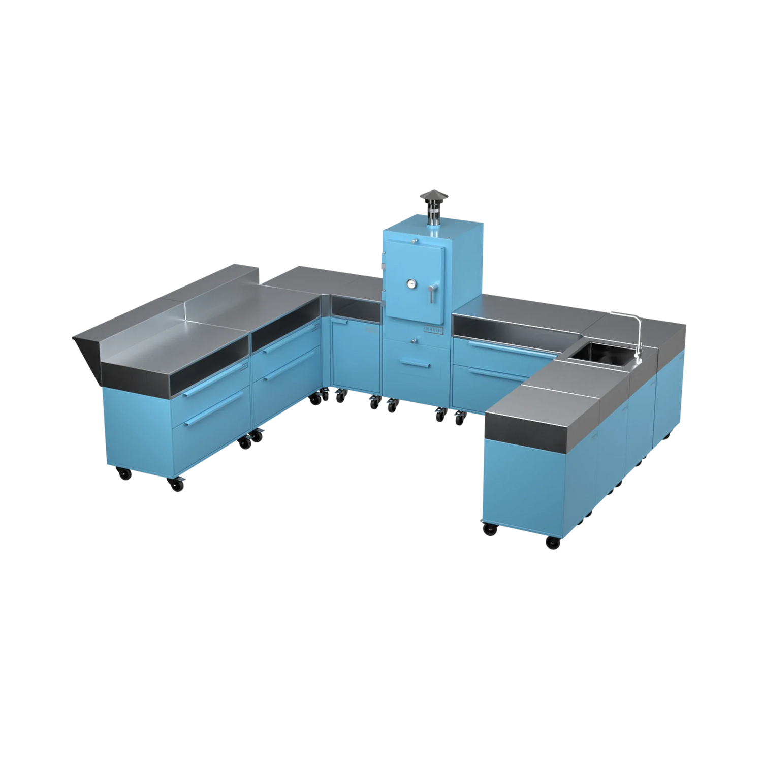 U-Shape Kitchen U4 in Blue Marlin blue, three-quarter angle view of the kitchen