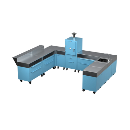 U-Shape Kitchen U4 in Blue Marlin blue, three-quarter angle view of the kitchen
