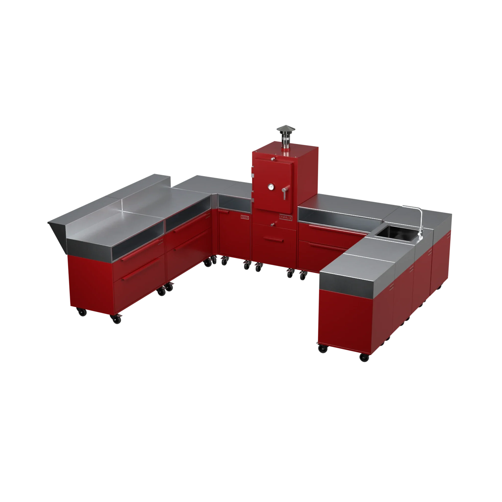 U-Shape Kitchen U4 in Dark Cherry red, three-quarter angle view of the outdoor kitchen