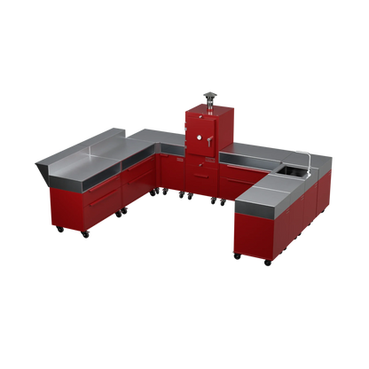 U-Shape Kitchen U4 in Dark Cherry red, three-quarter angle view of the outdoor kitchen