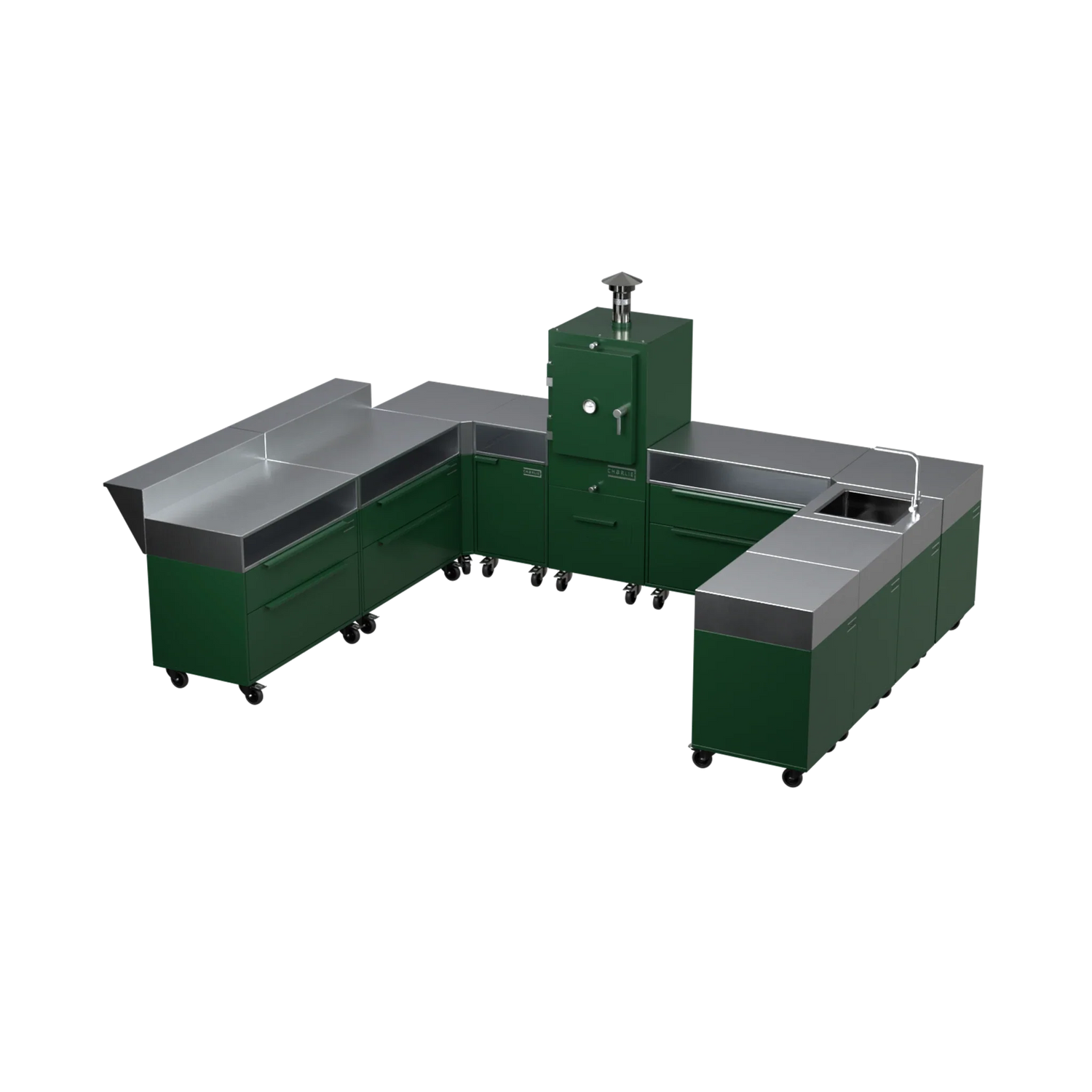U-Shape Kitchen U4 in Green Chilli green, angled view of the U-shaped outdoor kitchen