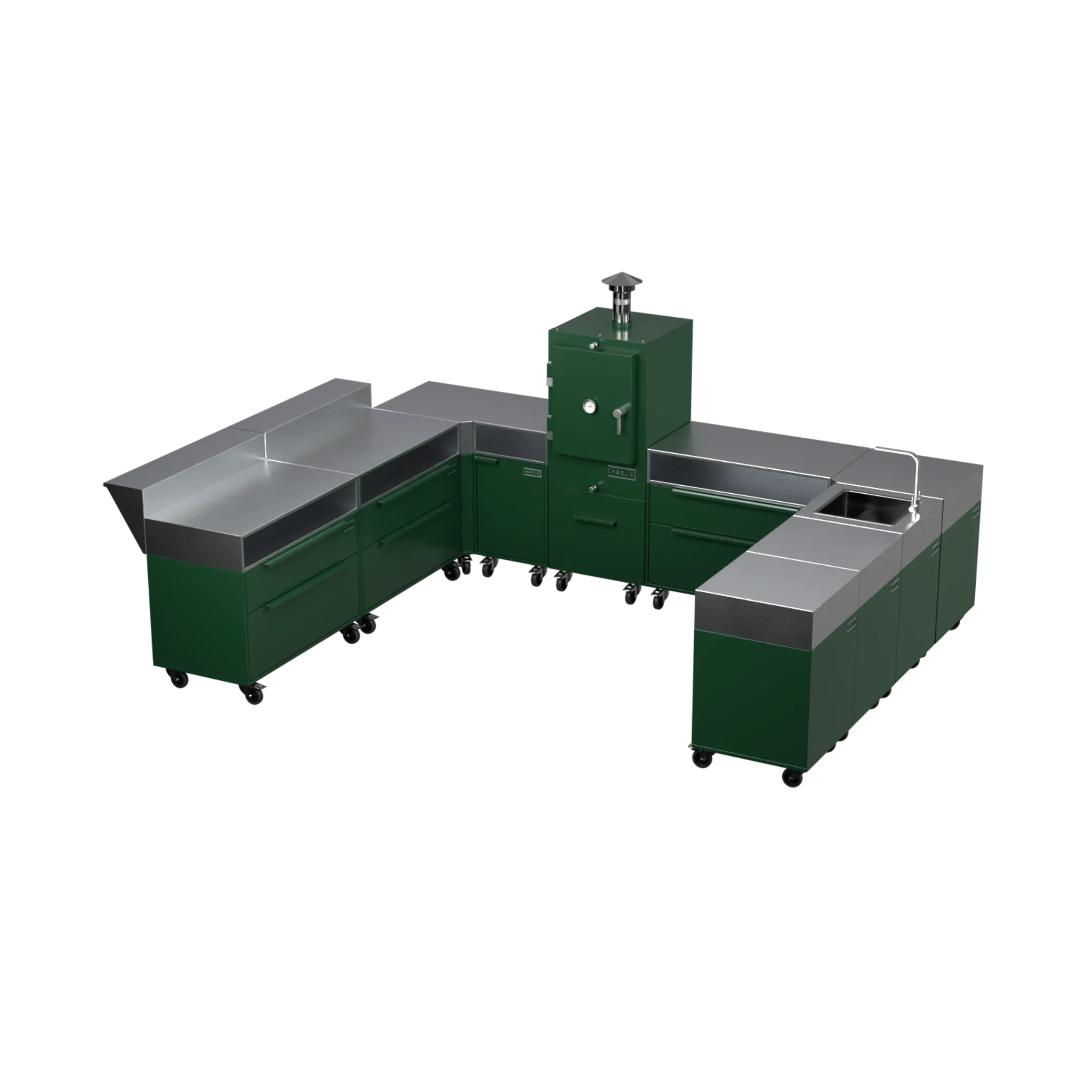 U-Shape Kitchen U4 in Green Chilli green, angled view of the U-shaped outdoor kitchen