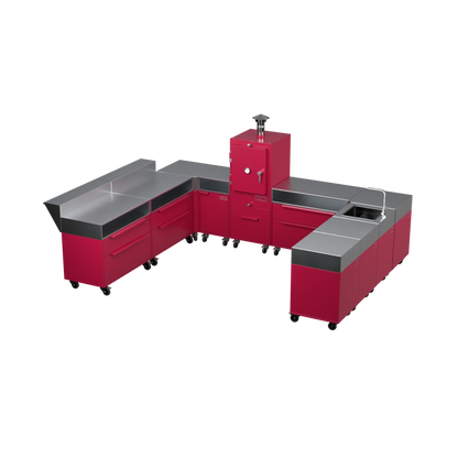 U-Shape Kitchen U4 in Rhubarb pink, angled view of the U-shaped outdoor kitchen
