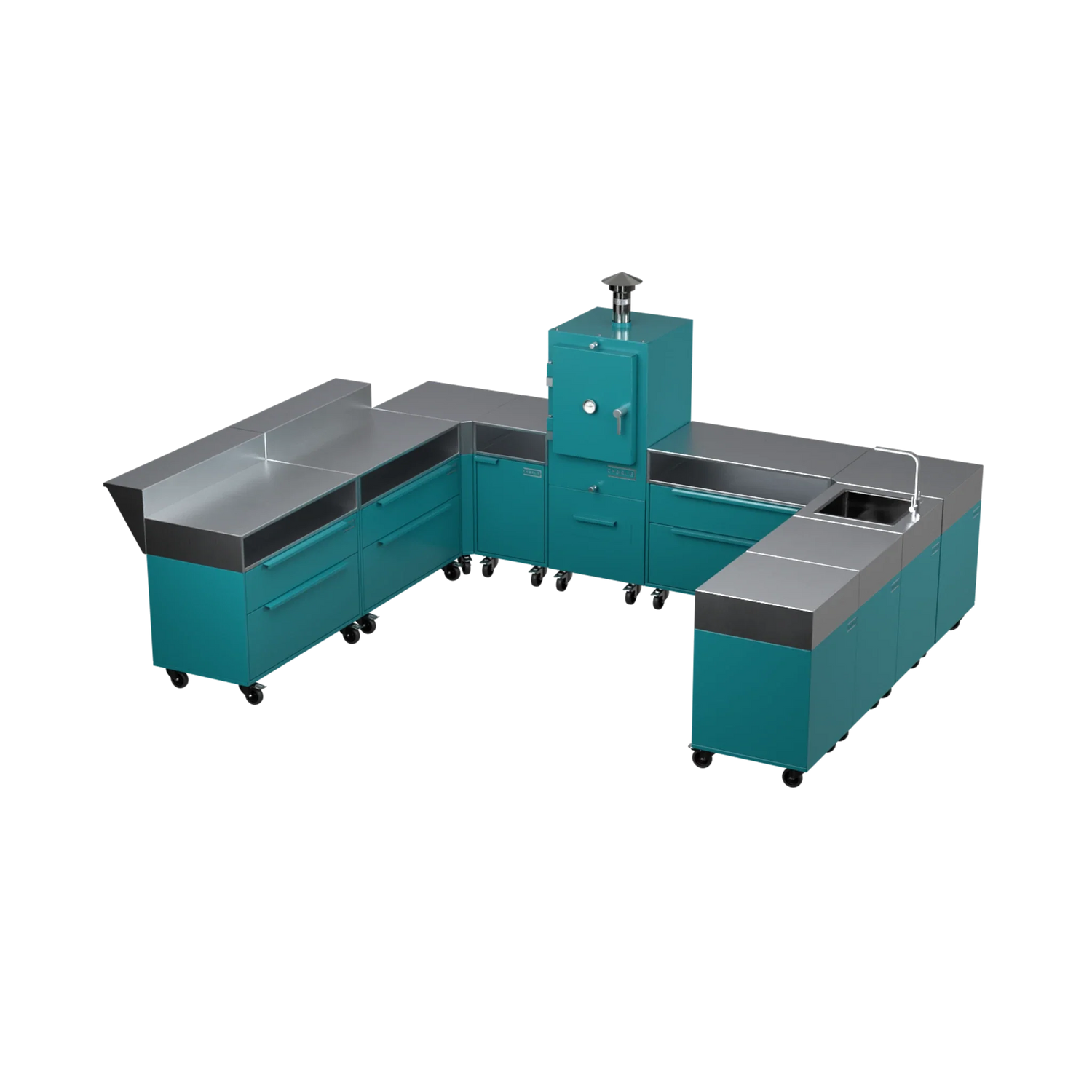 U-Shape Kitchen U4 in Teal Duck blue-green, three-quarter angle view of the kitchen