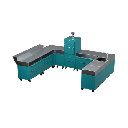 U-Shape Kitchen U4 in Teal Duck blue-green, three-quarter angle view of the kitchen