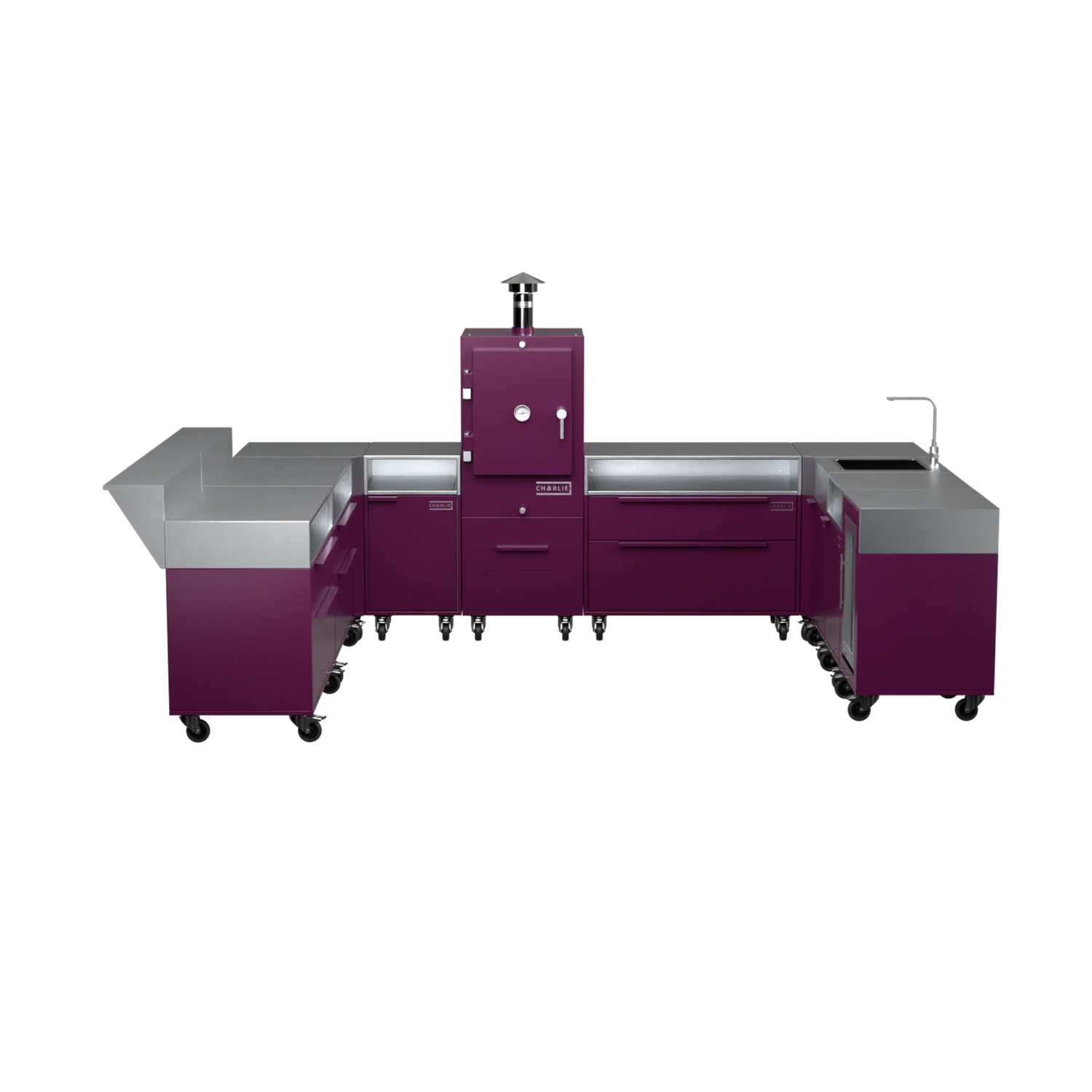 U-Shape Kitchen U4 in Beetroot purple-red, straight-on front elevation of the units