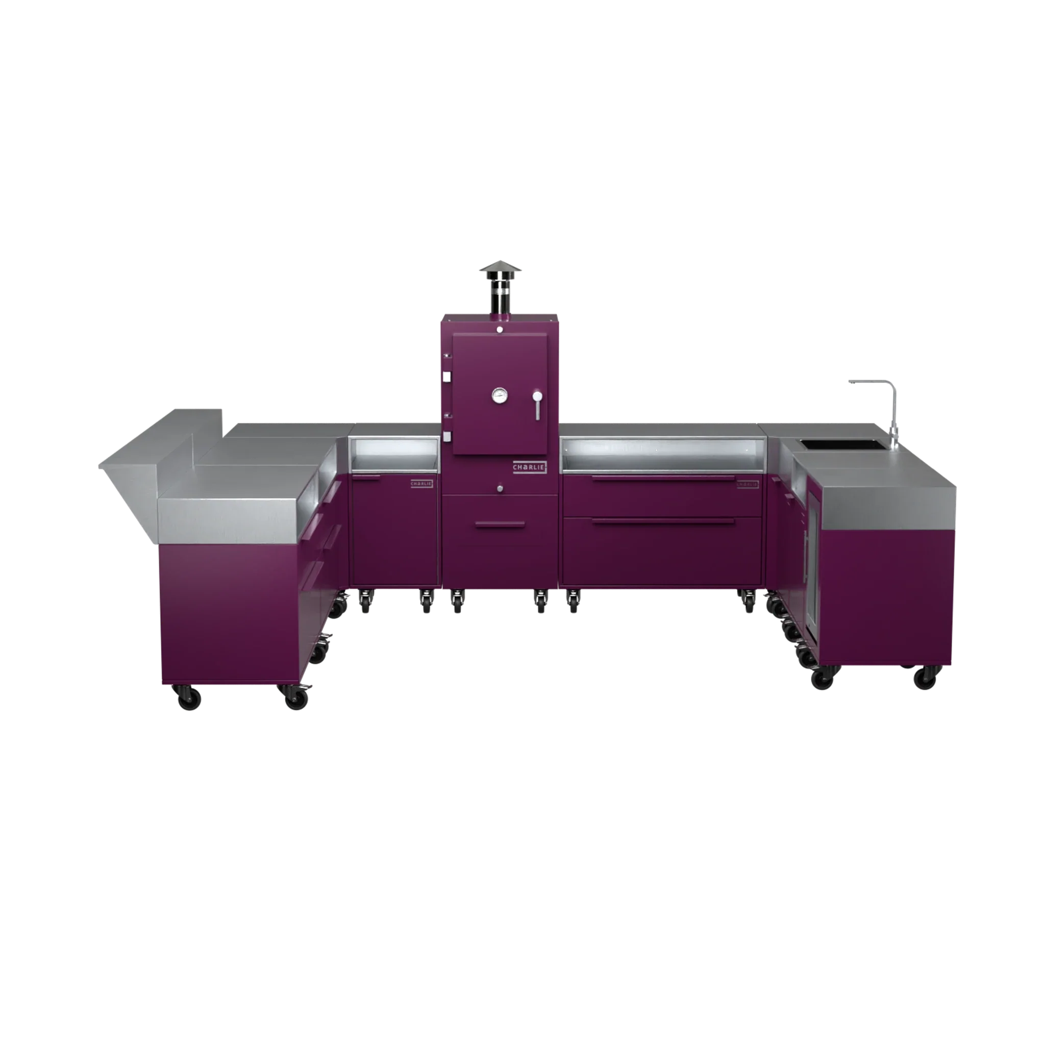 U-Shape Kitchen U4 in Beetroot purple-red, straight-on front elevation of the units