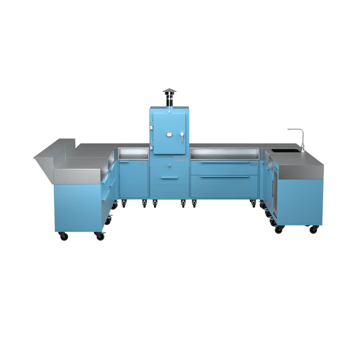 U-Shape Kitchen U4 in Blue Marlin blue, straight-on front view of the cabinets