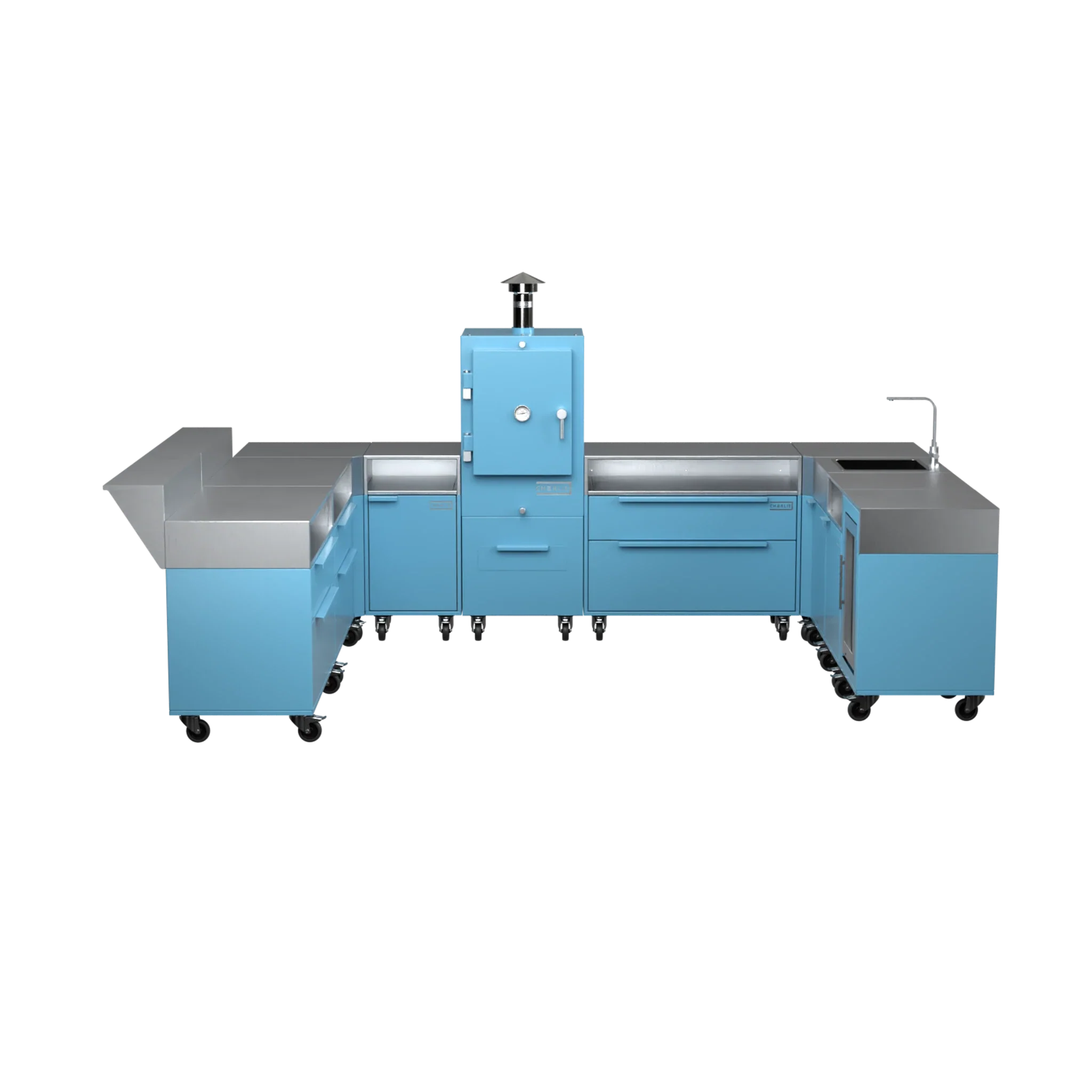 U-Shape Kitchen U4 in Blue Marlin blue, straight-on front view of the cabinets
