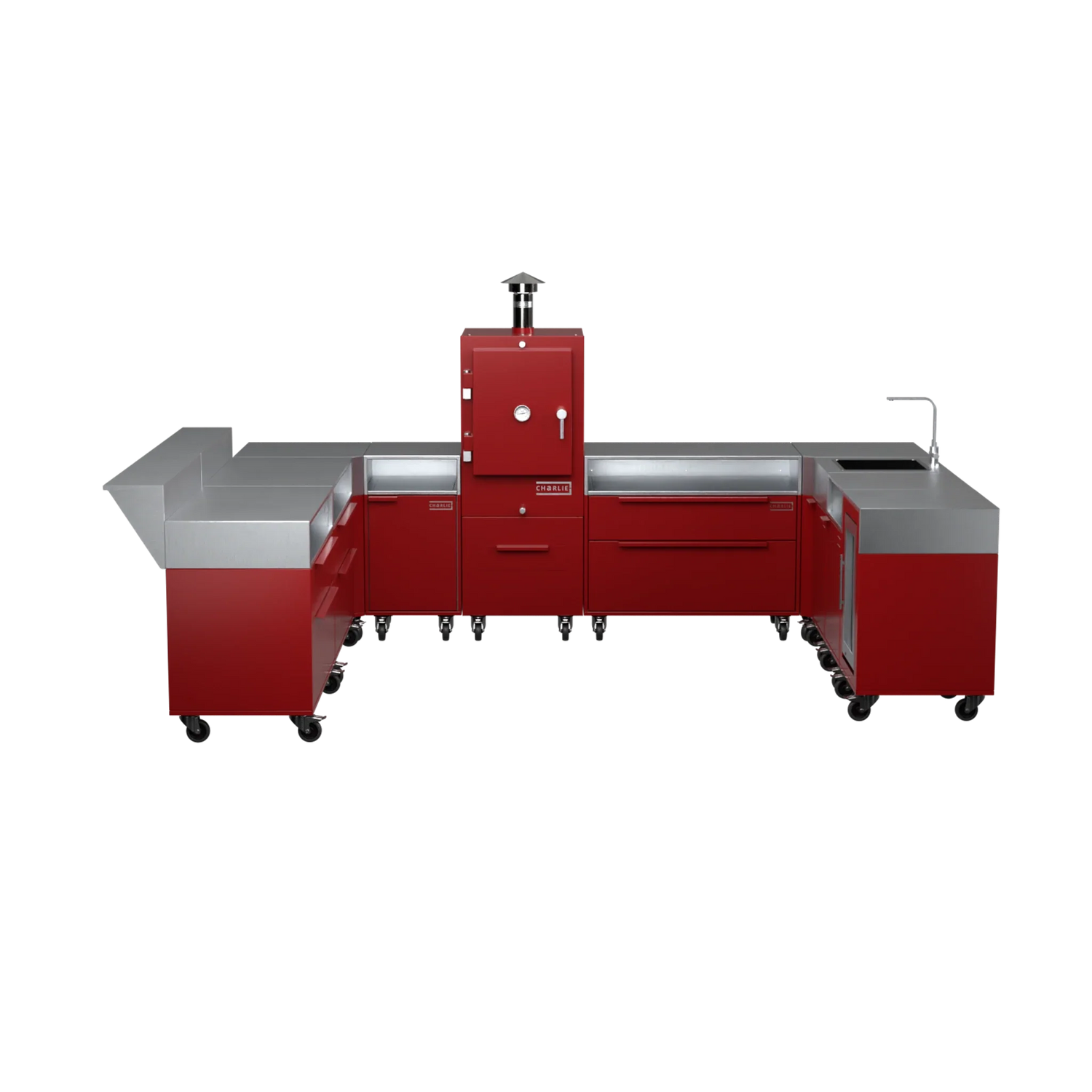 U-Shape Kitchen U4 in Dark Cherry red, straight-on front view of the cabinet layout