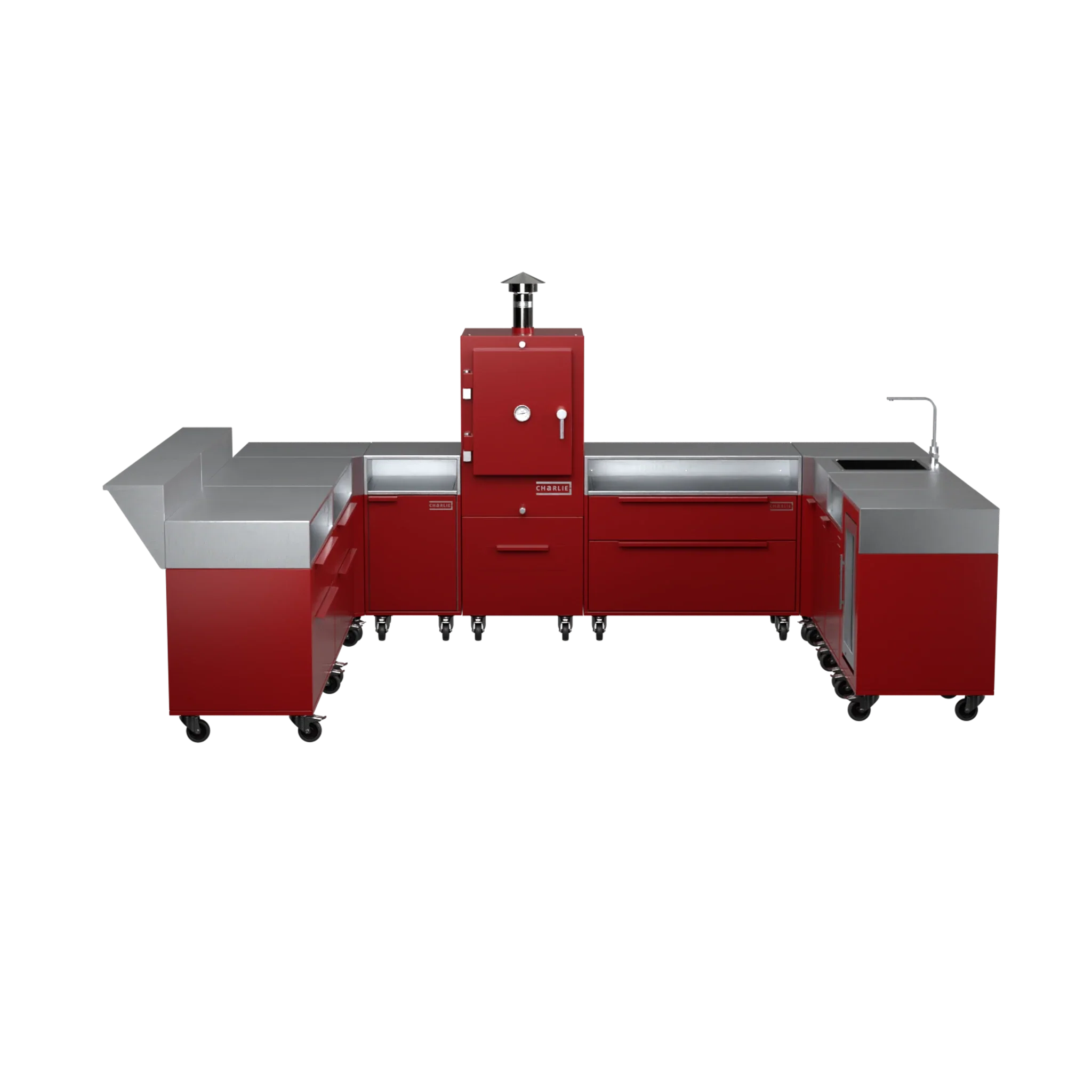 U-Shape Kitchen U4 in Dark Cherry red, straight-on front view of the cabinet layout