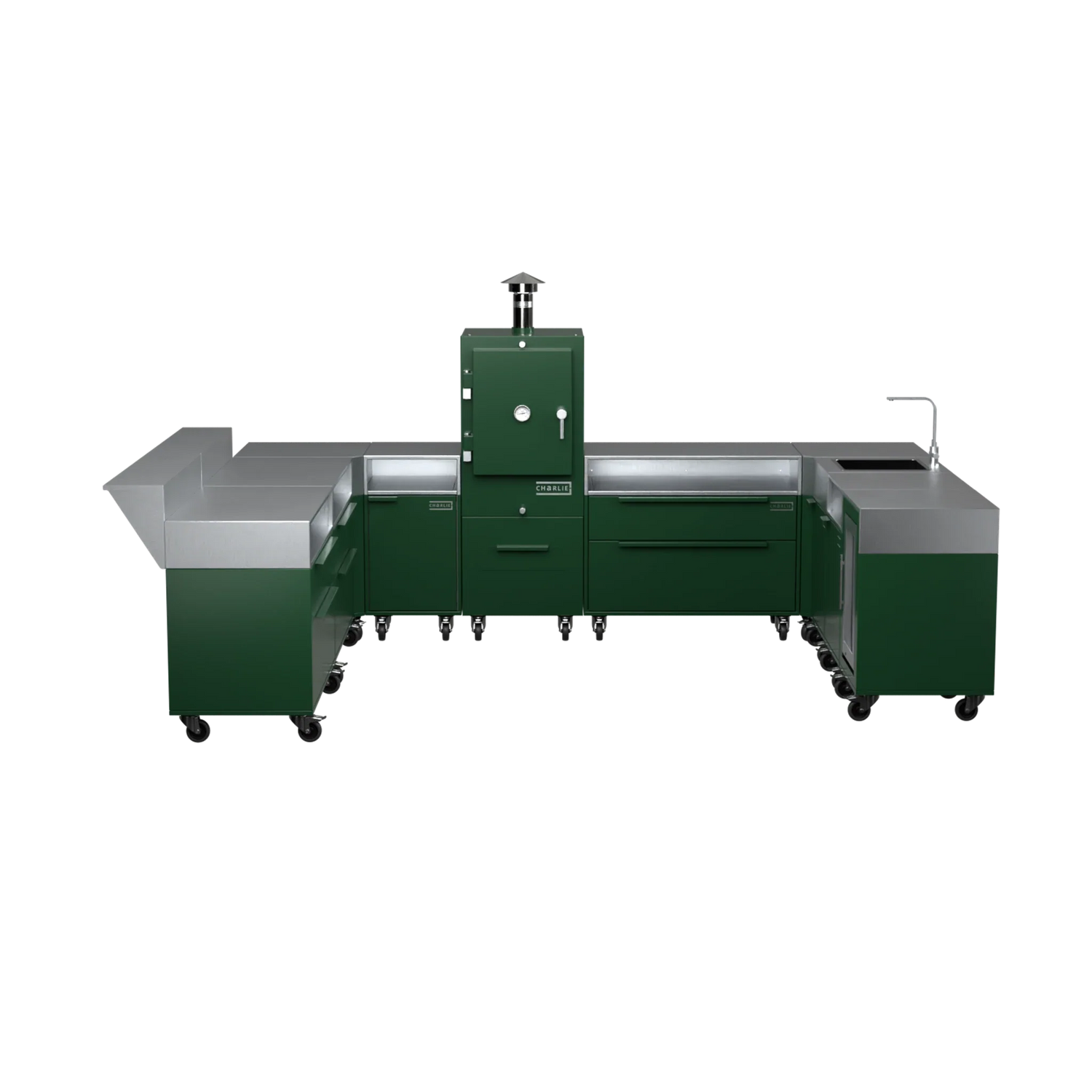 U-Shape Kitchen U4 in Green Chilli green, straight-on front elevation of the units
