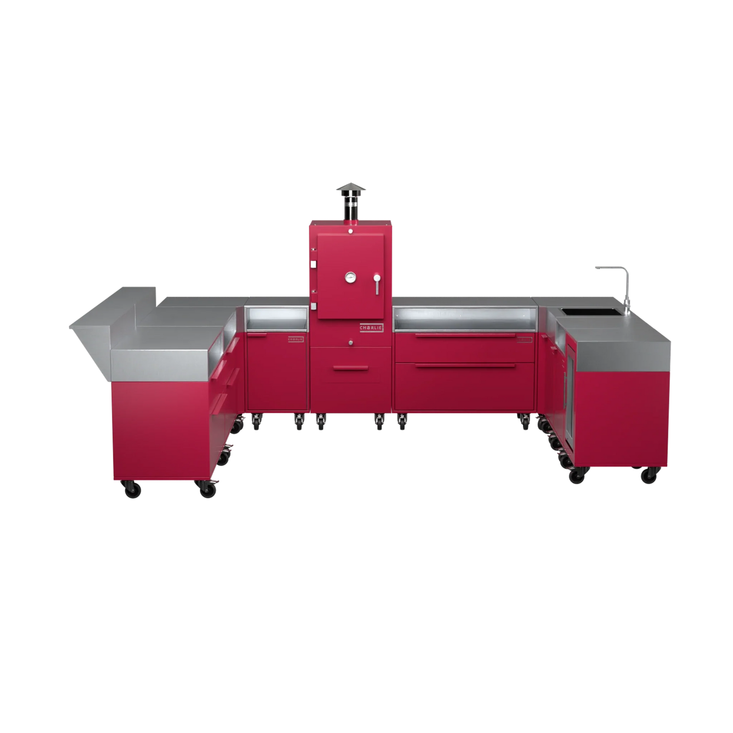 U-Shape Kitchen U4 in Rhubarb pink, straight-on front elevation of the units