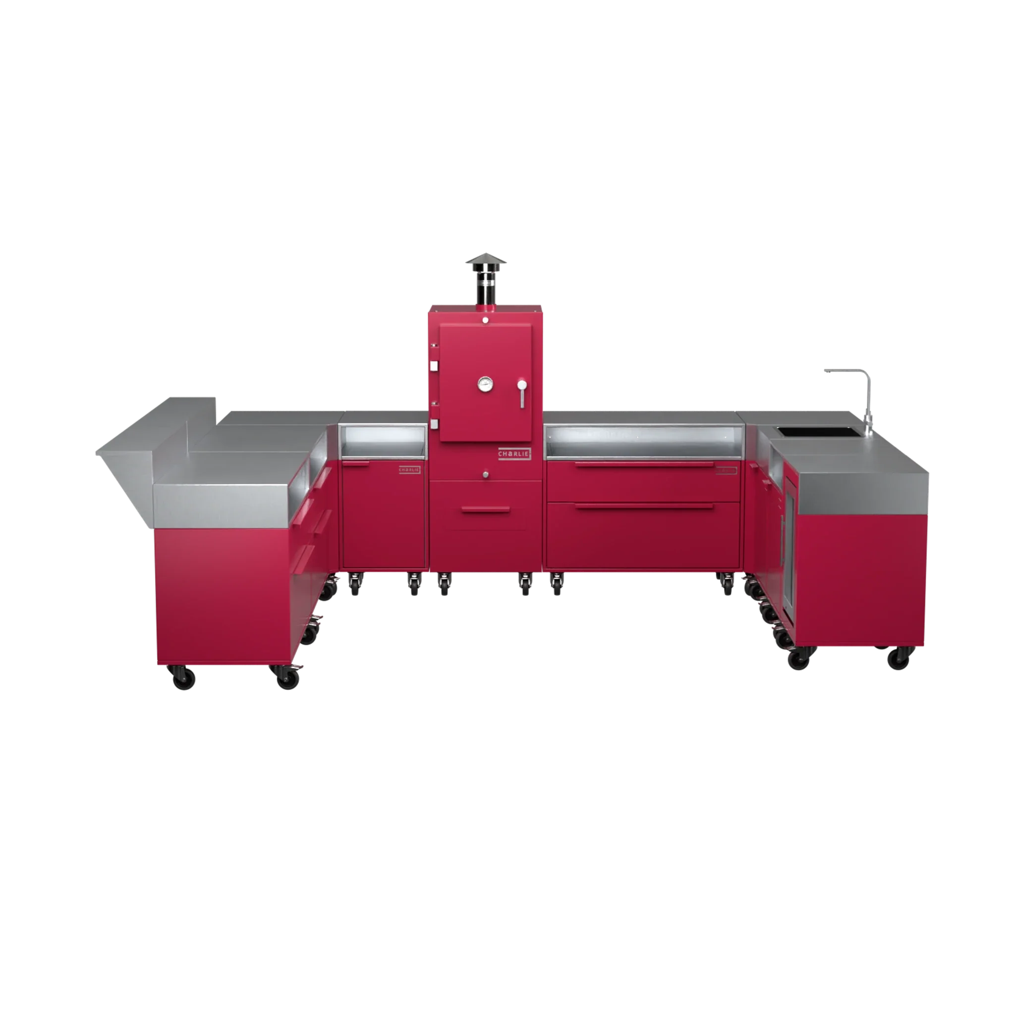 U-Shape Kitchen U4 in Rhubarb pink, straight-on front elevation of the units