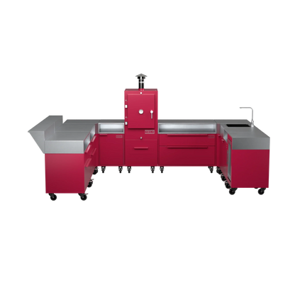U-Shape Kitchen U4 in Rhubarb pink, straight-on front elevation of the units