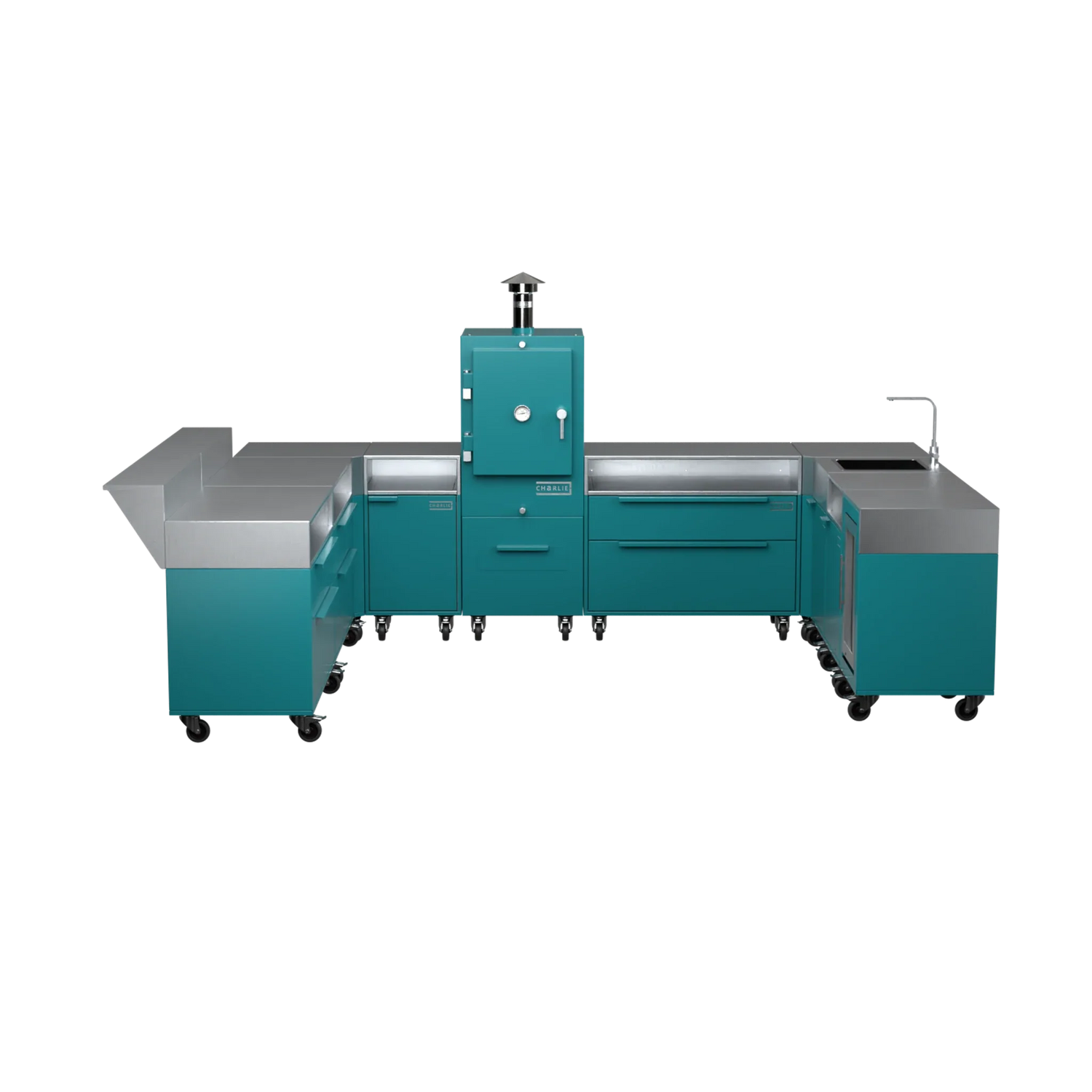 U-Shape Kitchen U4 in Teal Duck blue-green, straight-on front view of the cabinet run